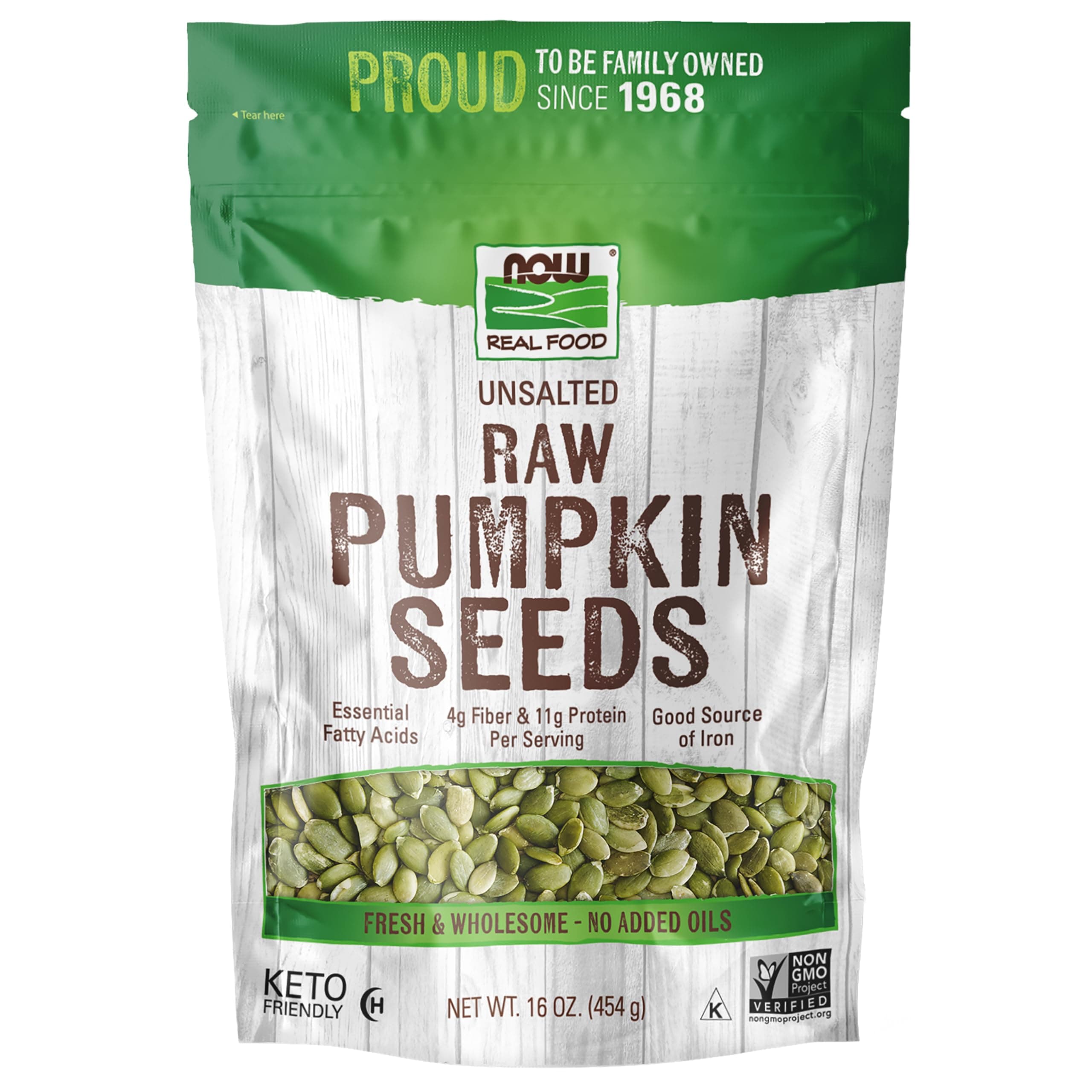 NOW Foods, Pumpkin Seeds, Raw and Unsalted, Essential Fatty Acids, Rich in Iron, Excellent Source of Protein, Certified Non-GMO, 1-Pound (Packaging May Vary)