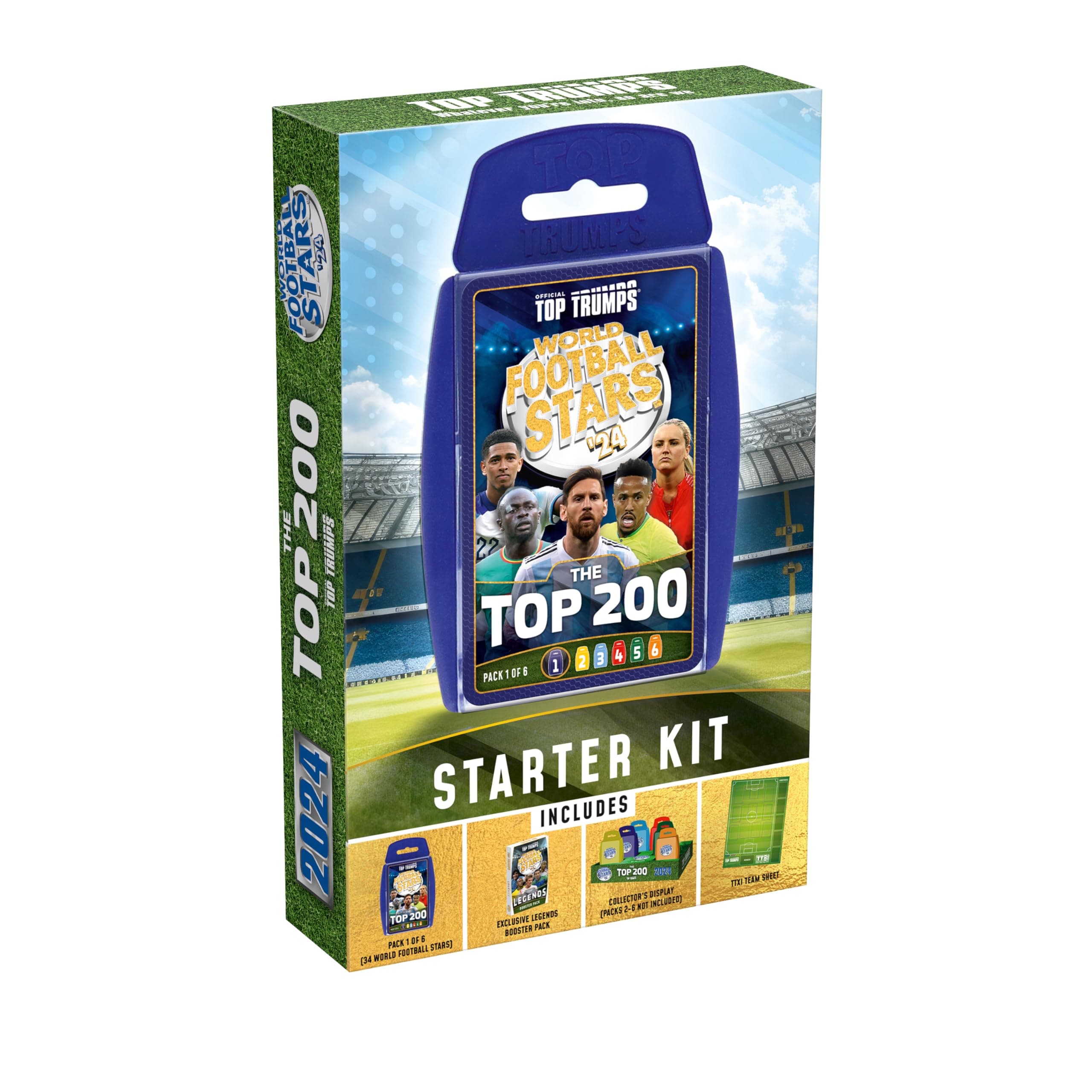 World Football Stars Top 200 Starter Kit Card Game, Play with Lionel Messi, Sadio Mane, Mac Allister, Ederson and Jamal Musiala, educational gift for ages 6 plus