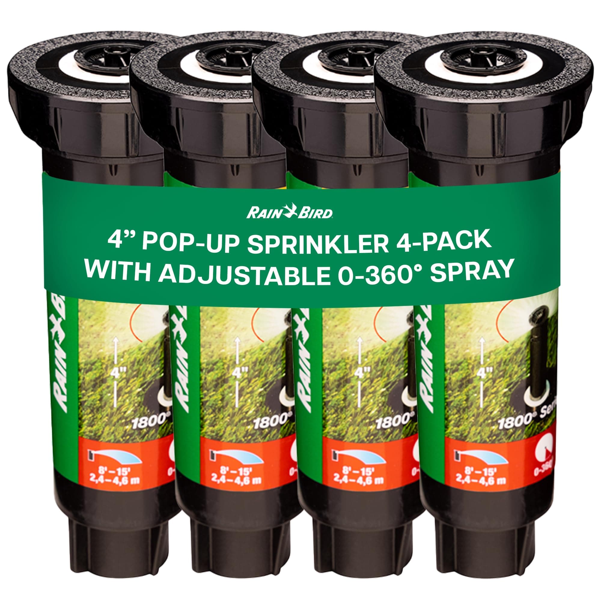 Rain Bird 1804VAN 1800 Series Professional 4 Inch Pop Up Sprinkler Head, 4 Pack - Lawn Sprinkler with Adjustable 0-360 Degree Arc Nozzle Pattern, Up to 15 Ft Spray Distance, 1/2 in NPT Threaded Inlet