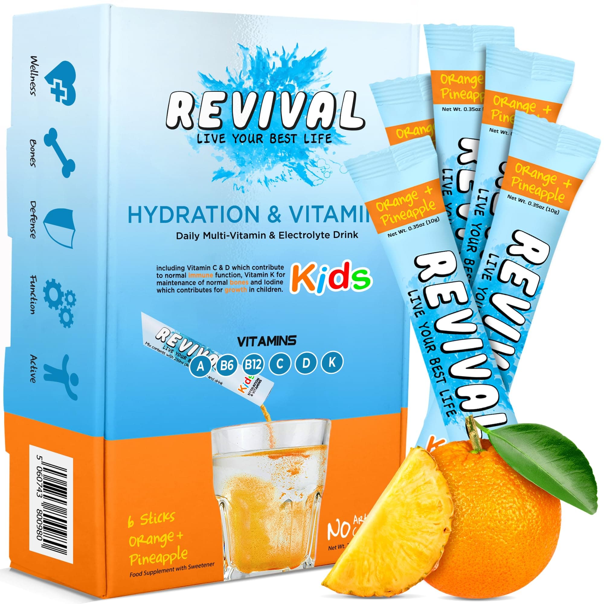Revival Kids Hydration Vitamin Drink - Electrolyte Squash with Vitamins D, A, C, K, B6, B12 - Immunity, Growth, Development | Orange & Pineapple | 6 Pack