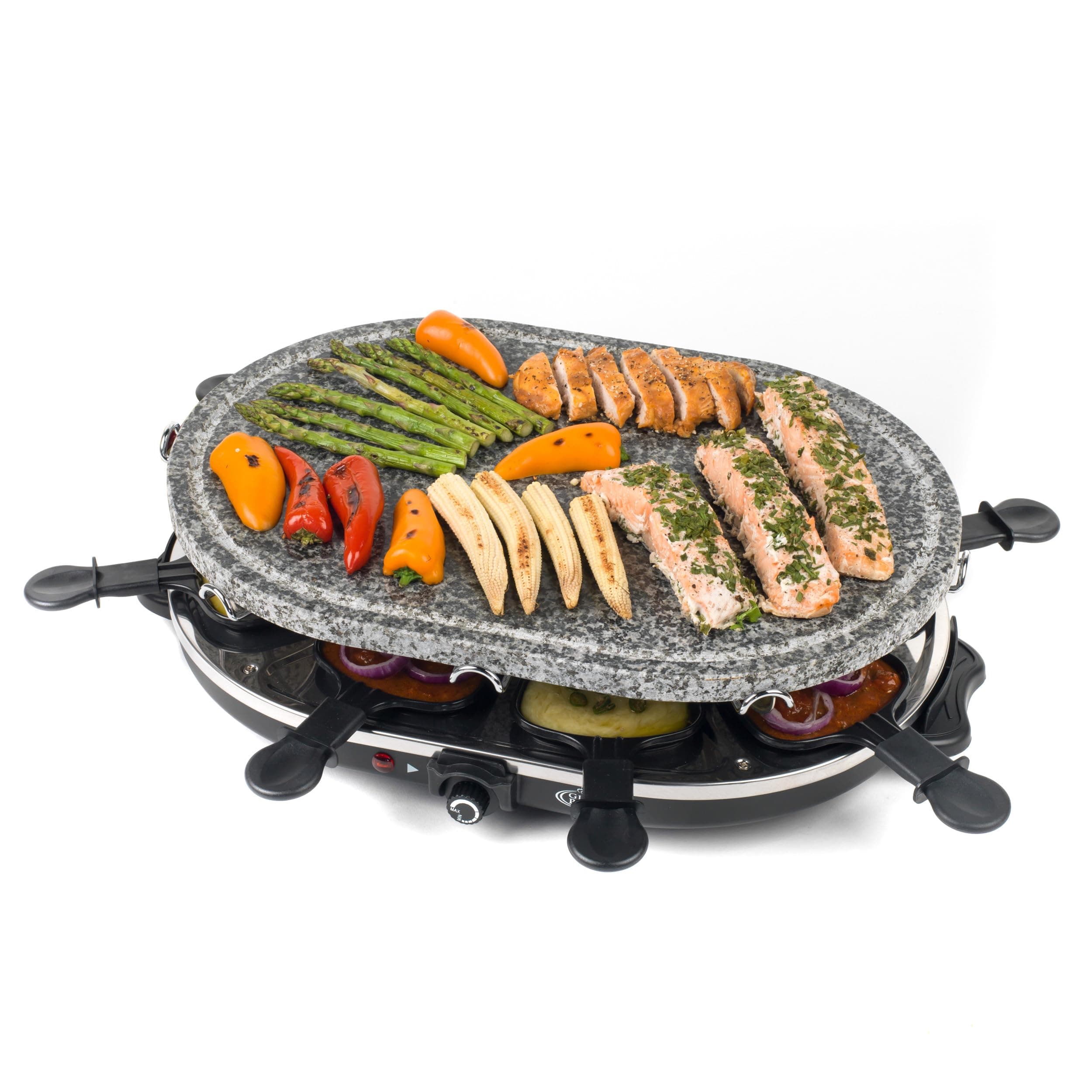 Electric Stone Raclette Grill - Indoor Tabletop 8 Person Raclette, Removable Stone Grill Hot Plate, Non-Stick Grill Pans, Spatulas Included, Adjustable Temperature Dial, 1200 W