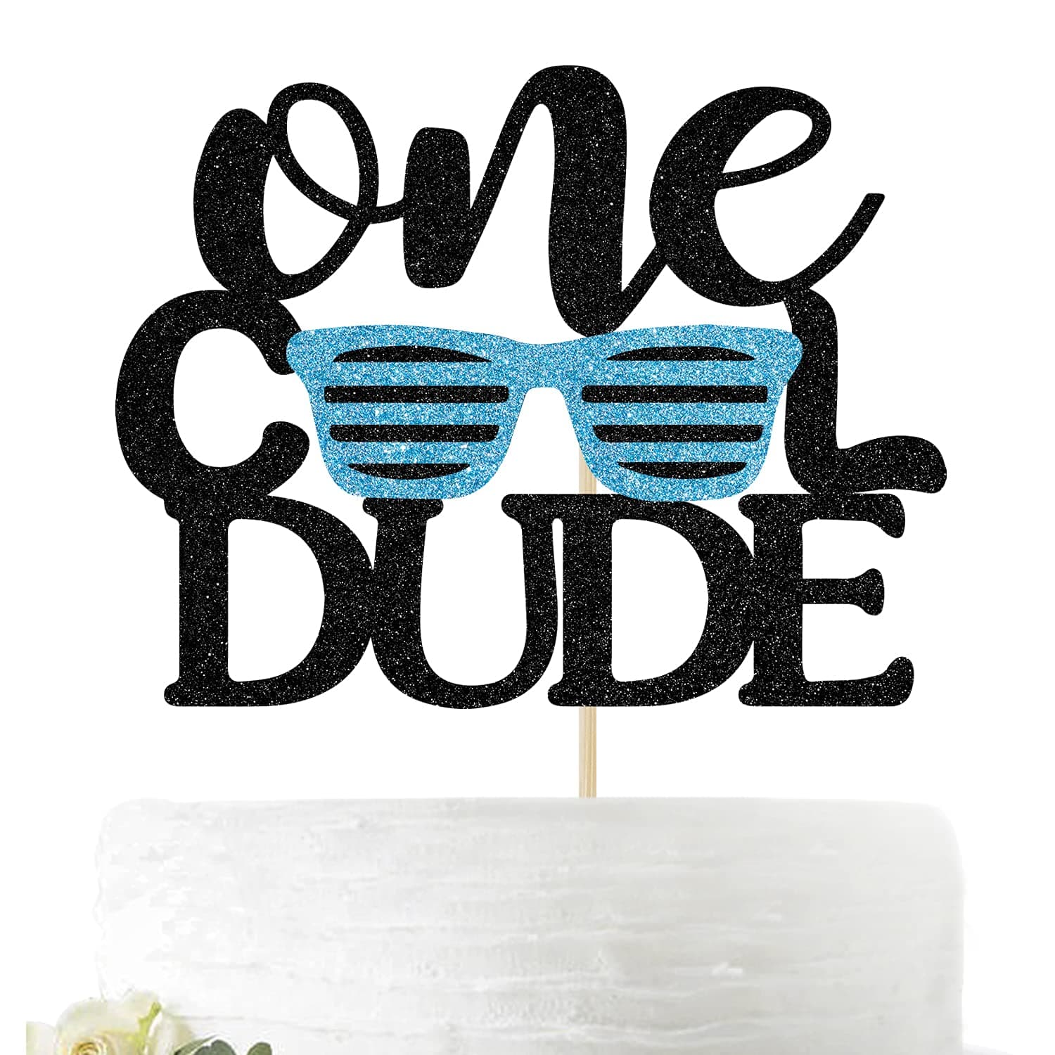 One Cool Dude Cake Topper - Baby Boy 1st Birthday Cake Decoration - Birthday Dude Photo Props(Black and Blue)