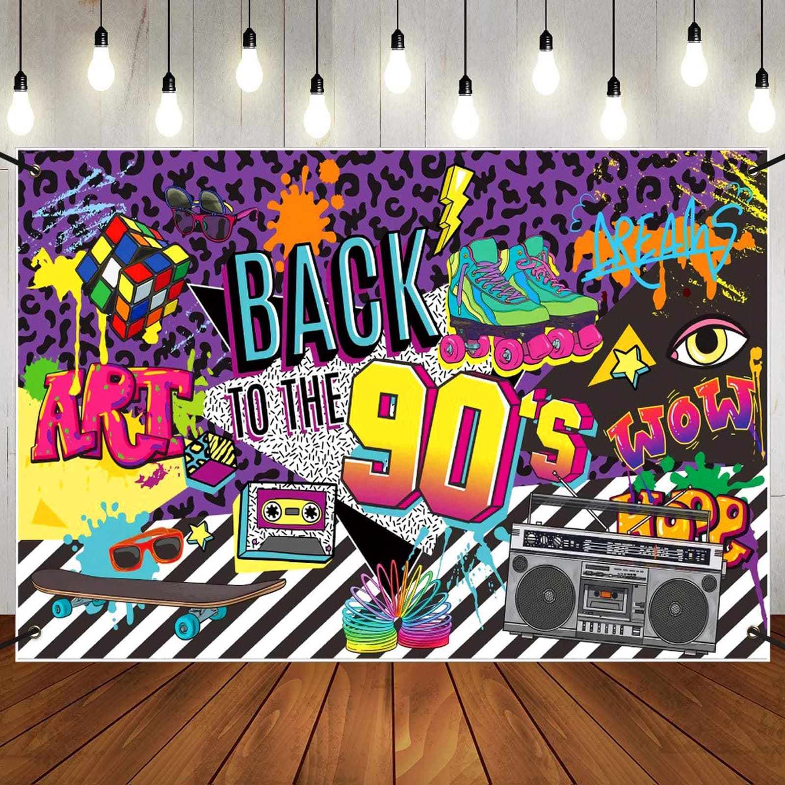 90's Party Decorations, Back To The 90's Backdrop Banner with Hanging Rope, 150x90cm Retro Hip Hop Graffiti Rock Punk Music Dance Wall Photography Background Birthday Party Supplies