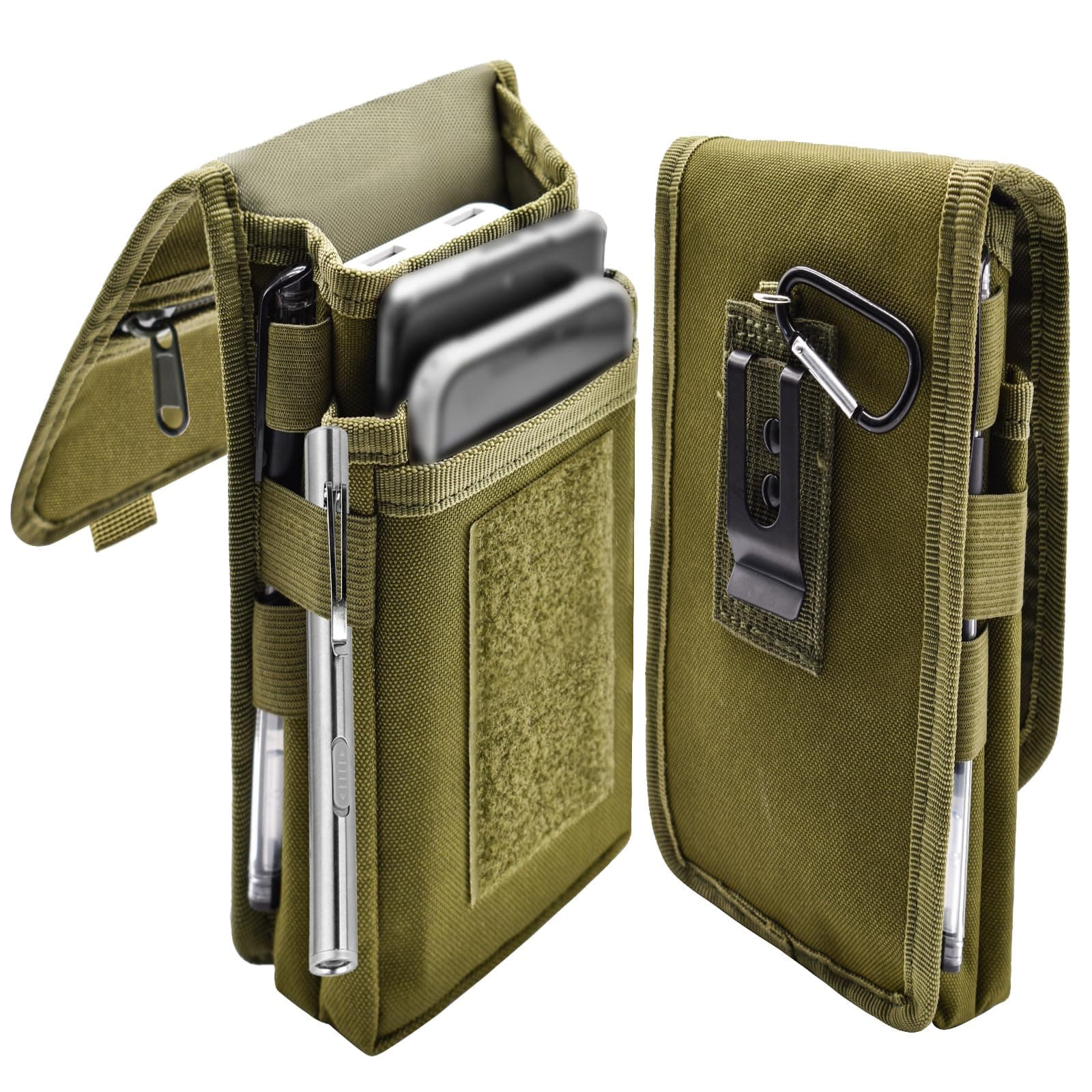 Dual Phone Holster, Large Smartphone Belt Pouch, Multi-Purpose Tactical Holder for Work, Hiking, Camping, Barbecue, Rescue (Army Green)