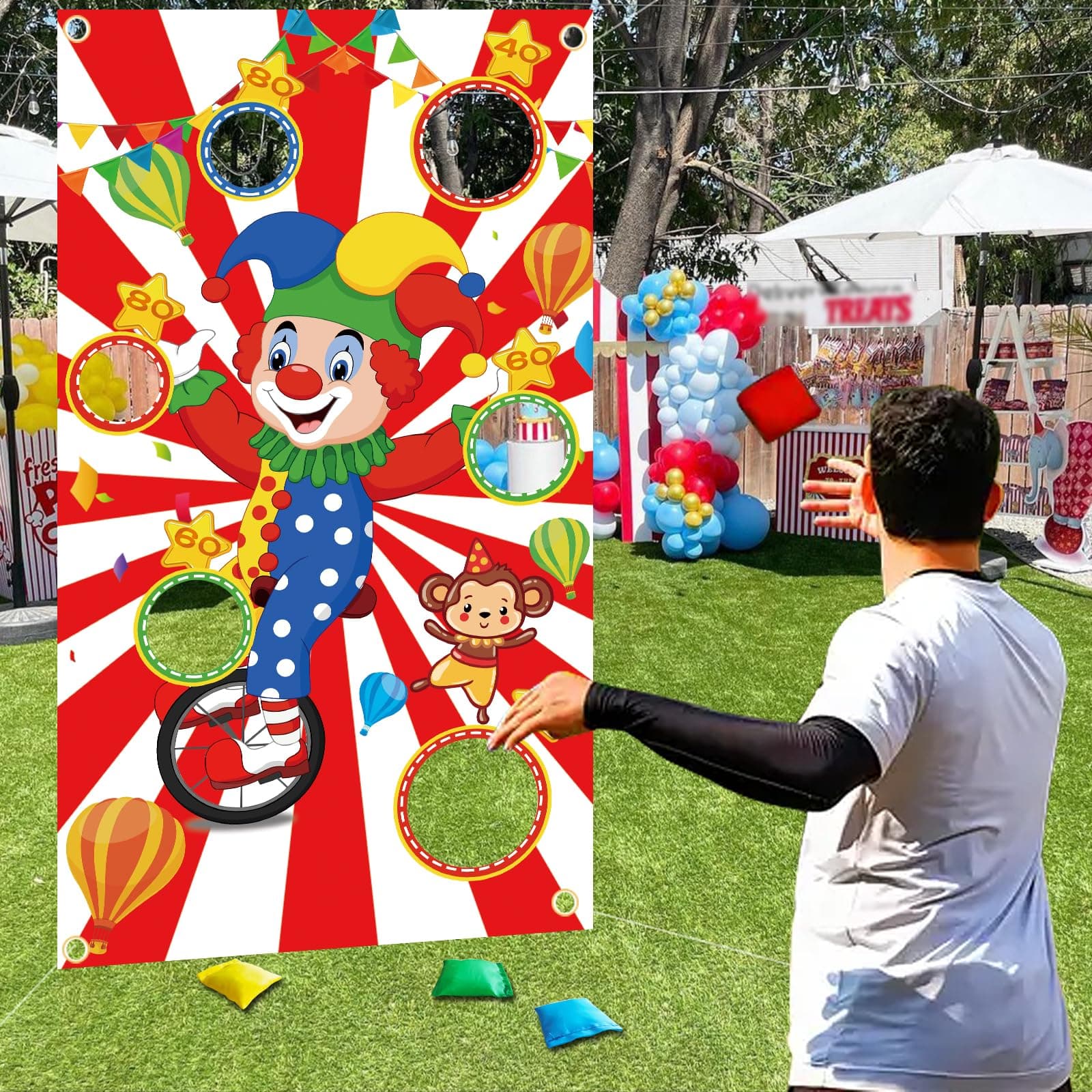 TONIFUL Carnival Toss Game Banner with 4 Bean Bags 6 Holes for Party, Indoor Outdoor Activities,Throwing Carnival Theme Party,Adults Birthday