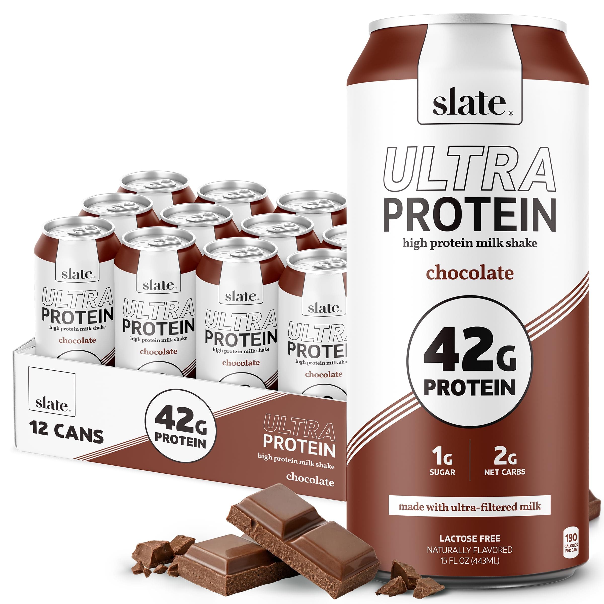 Slate Milk - Ultra Protein Shake - Chocolate - 42g Protein, 1g Sugar, 190 Calories, 2g Net Carbs - Lactose Free, No Added Sugar - Made with Ultra Filtered Milk - Breakfast Boost, Post Workout - 15 fl