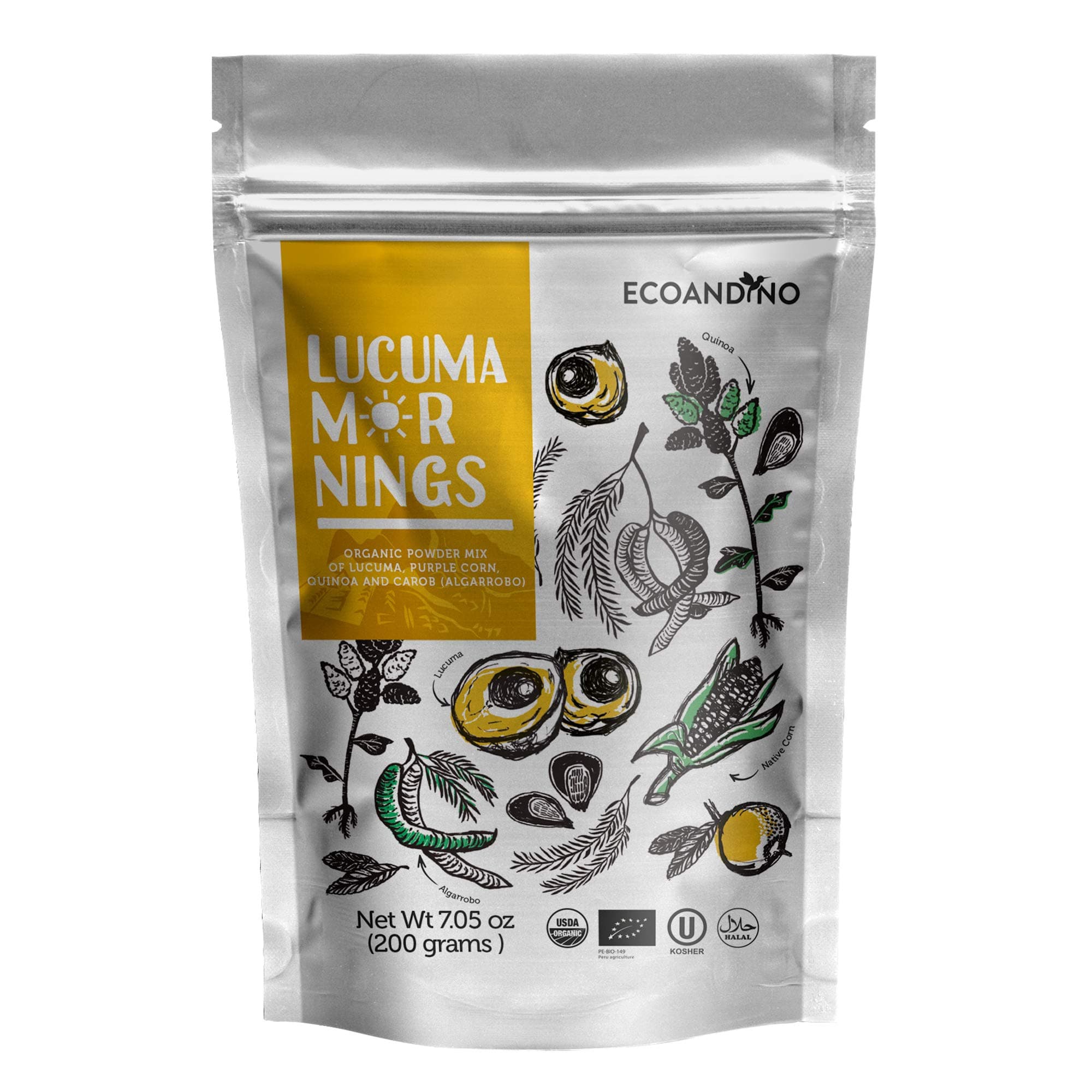 Ecoandino Lucuma Mornings Instant Organic Powder Mix of Lucuma, quinoa, native corn, carob ( algarrobo) y cinnamon 7.05 ( 200 grams ) Resealable Doypack bag (Pack of 1)