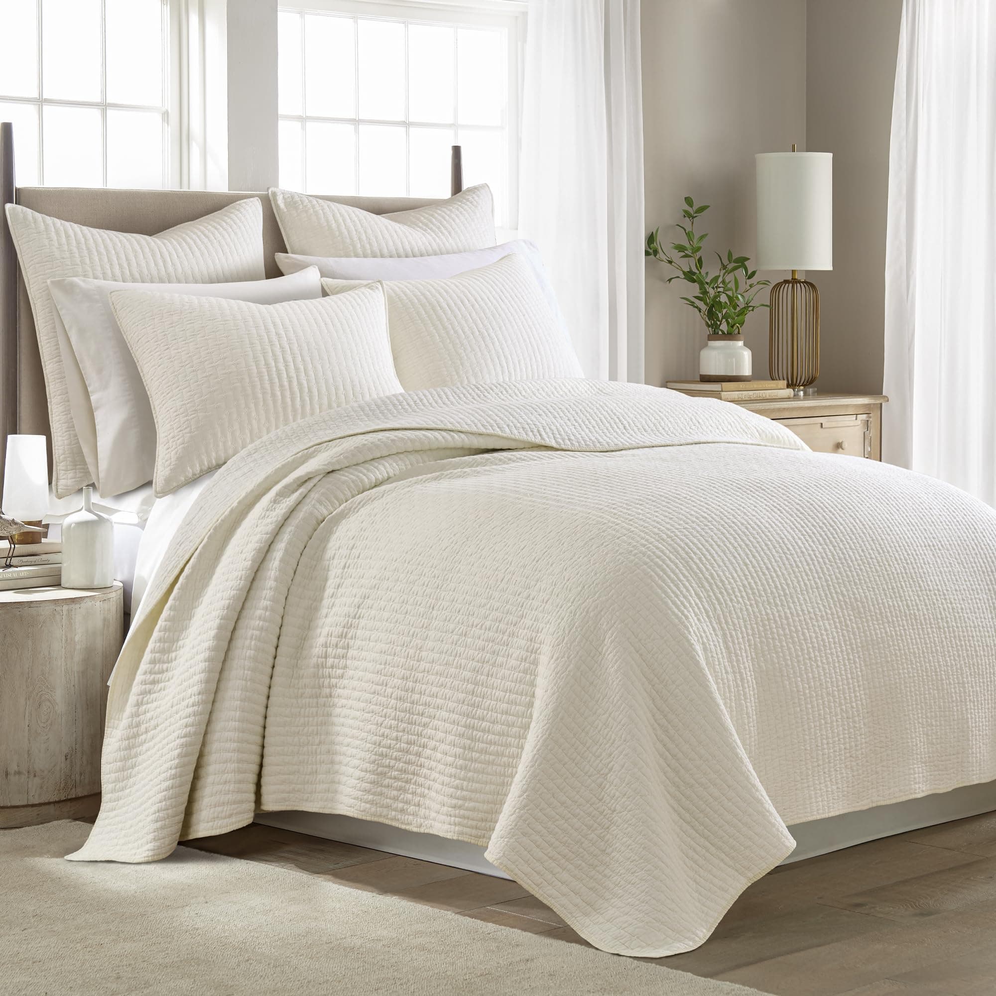 Levtex Home - Cross Stitch Quilt Set - 100% Cotton - King Quilt (106x92in.) + 2 King Shams (36x20in.) - Cream