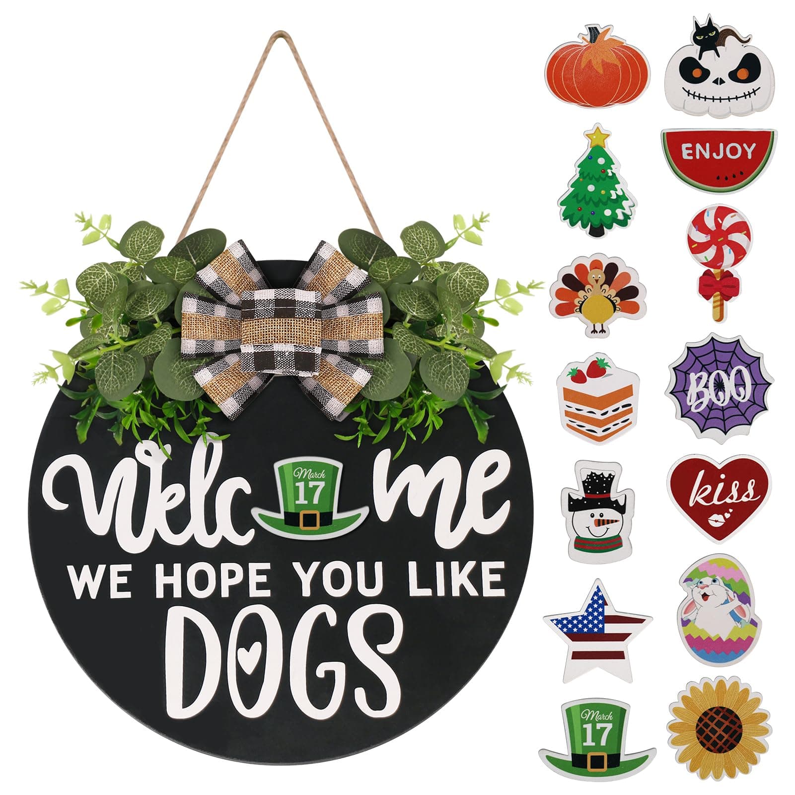 Interchangeable Wooden Seasonal Welcome Sign, Rustic Round Dogs Sign Front Door Wreaths for Home/Wall/Porch Decor, for Easter Spring Summer Fall Halloween Christmas All Season Decorations