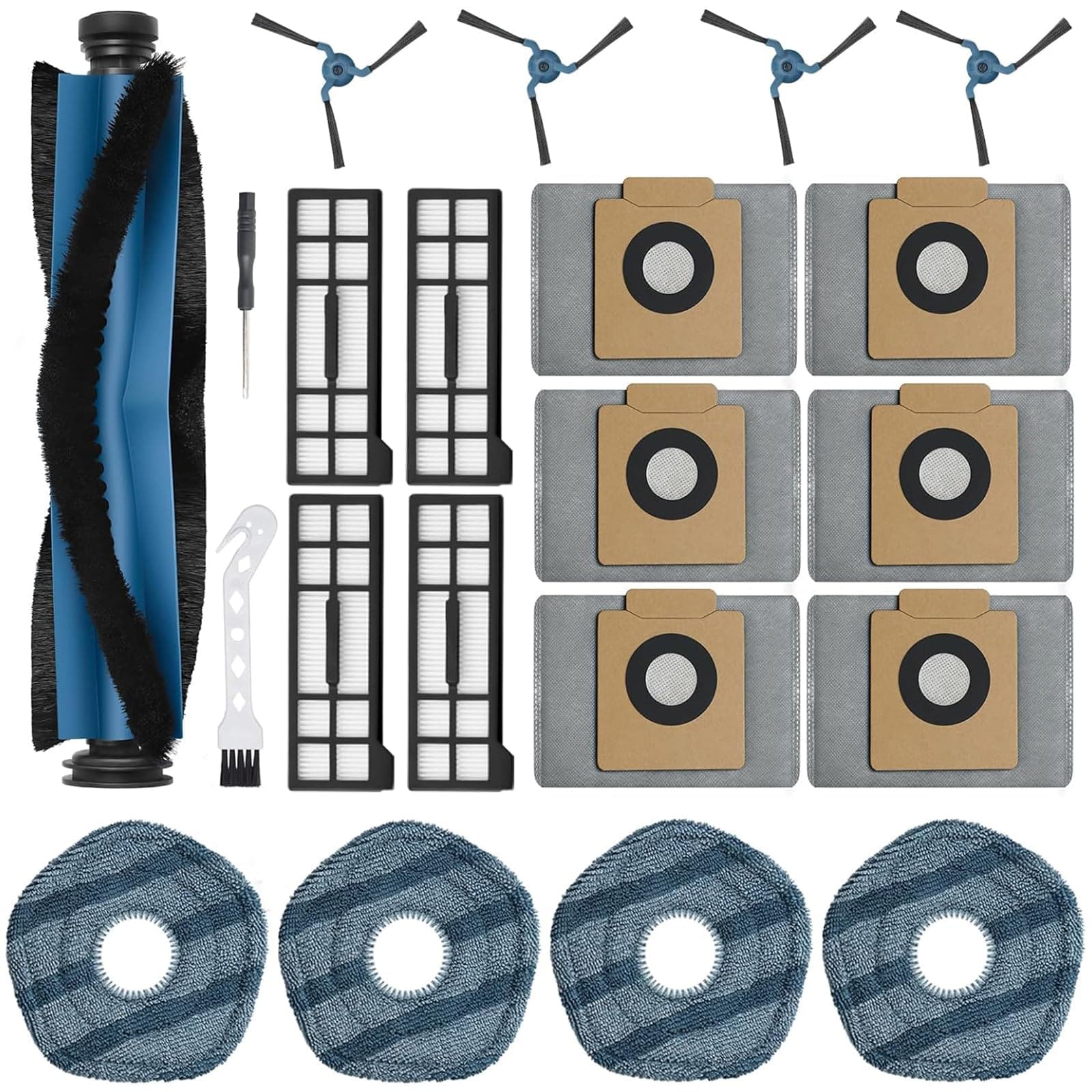 21Pcs X10 Pro Omni Replacement Parts Kit for Eufy X10 Pro Omni Robot Vacuum Accessories, 1 Main Roller Brush, 6 Dust Bags 4 Side Brushes 4 Hepa Filters 4 Mop Pads 1 Screwdriver 1 Clean Tool