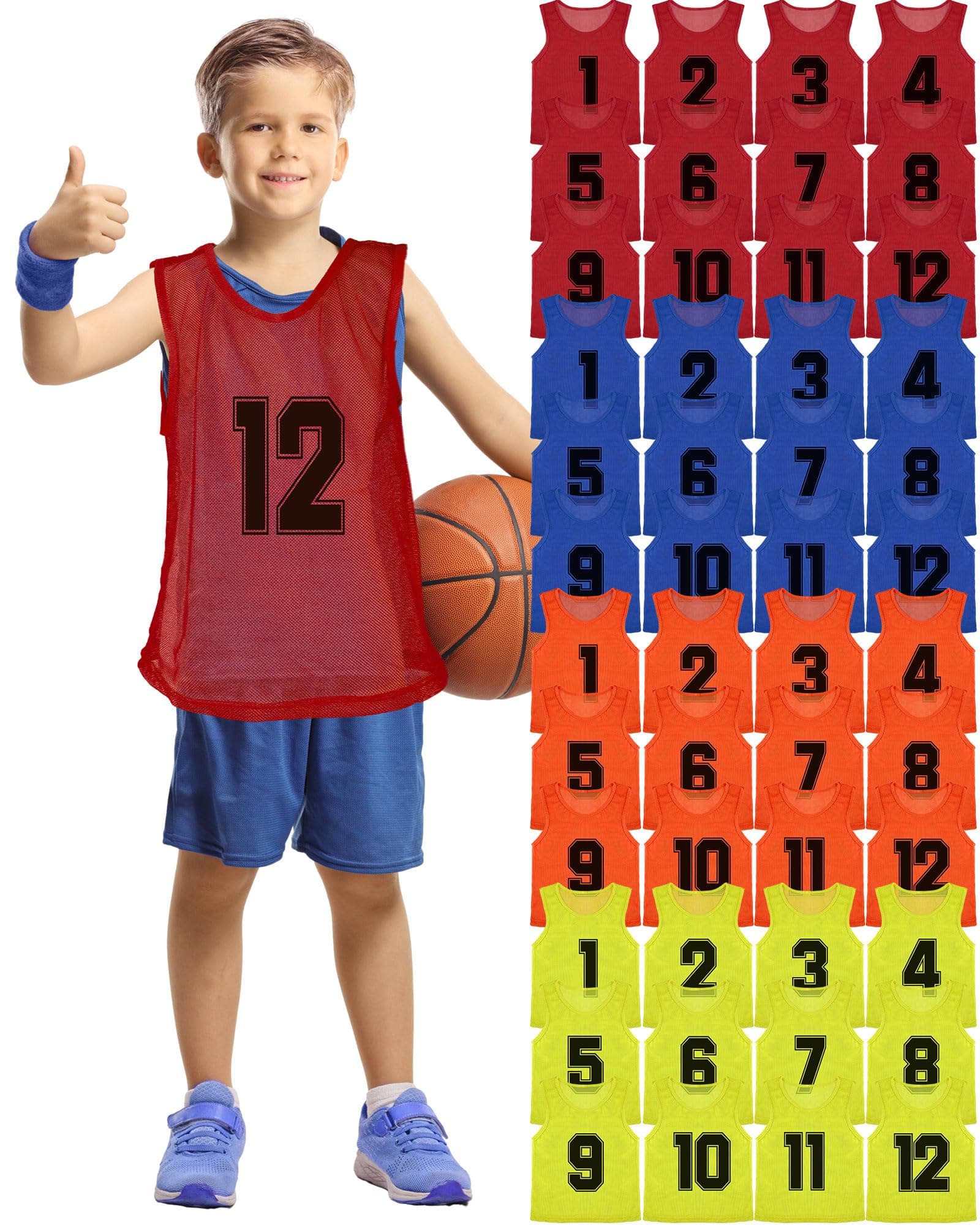Suhine 48 Pcs Youth Pinnies - Mesh Basketball Team Practice Jersey - Numbered Soccer Scrimmage Vest for Sports