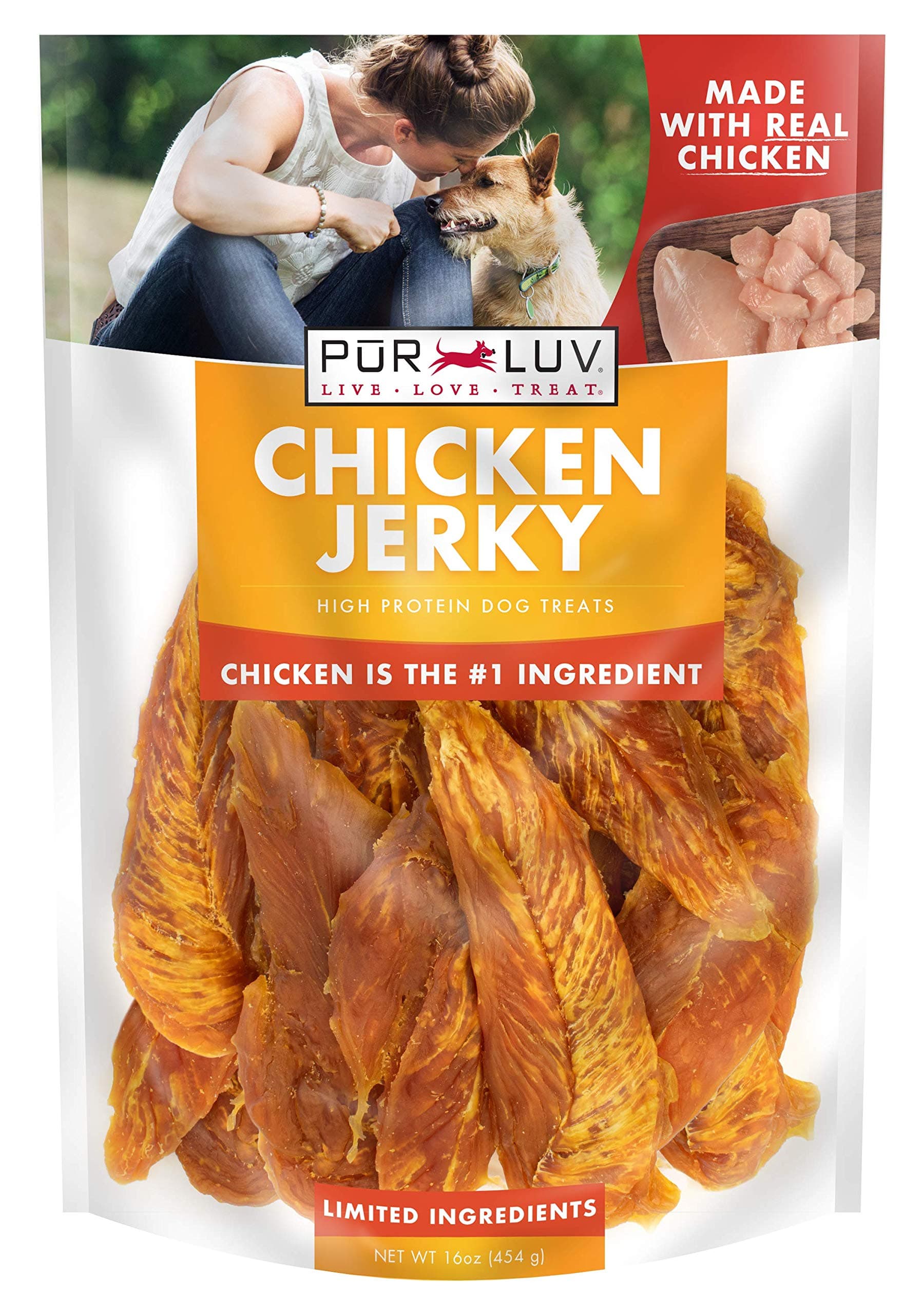 Pur Luv Chicken Jerky Dog Treats, Made with 100% Real Chicken Breast, 16 Ounces, Healthy, Easily Digestible, Long-Lasting, High Protein, Satisfies Dog's Urge to Chew