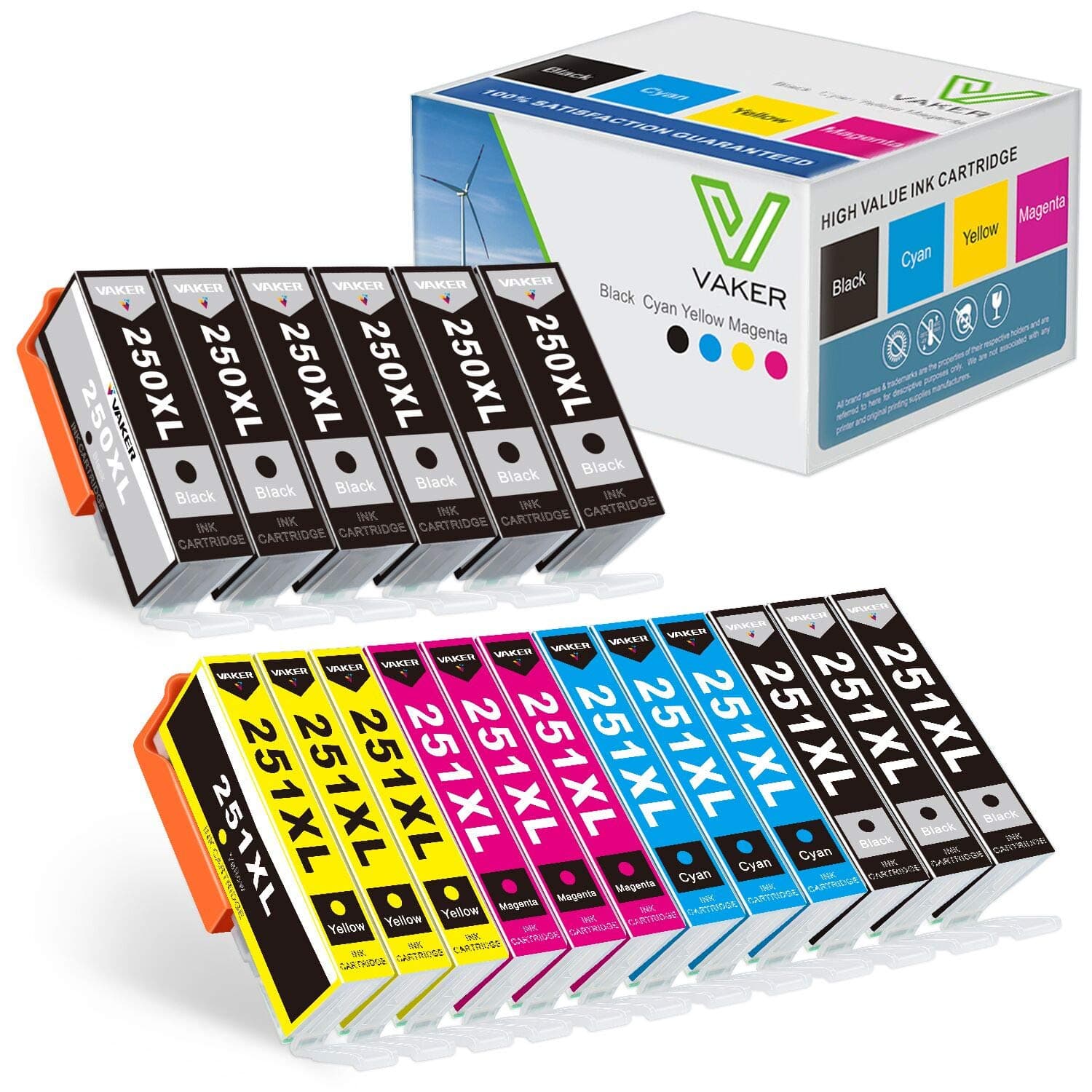 VAKER Compatible 250 251 XL Ink Cartridge Replacement for Canon PGI-250XL CLI-251XL Ink for Canon PIXMA MX922 IX6820 IP7220 MG6620 MG7120 Printer 18-Pack(6 PGBK 3 Black 3 Cyan 3 Magenta 3 Yellow)