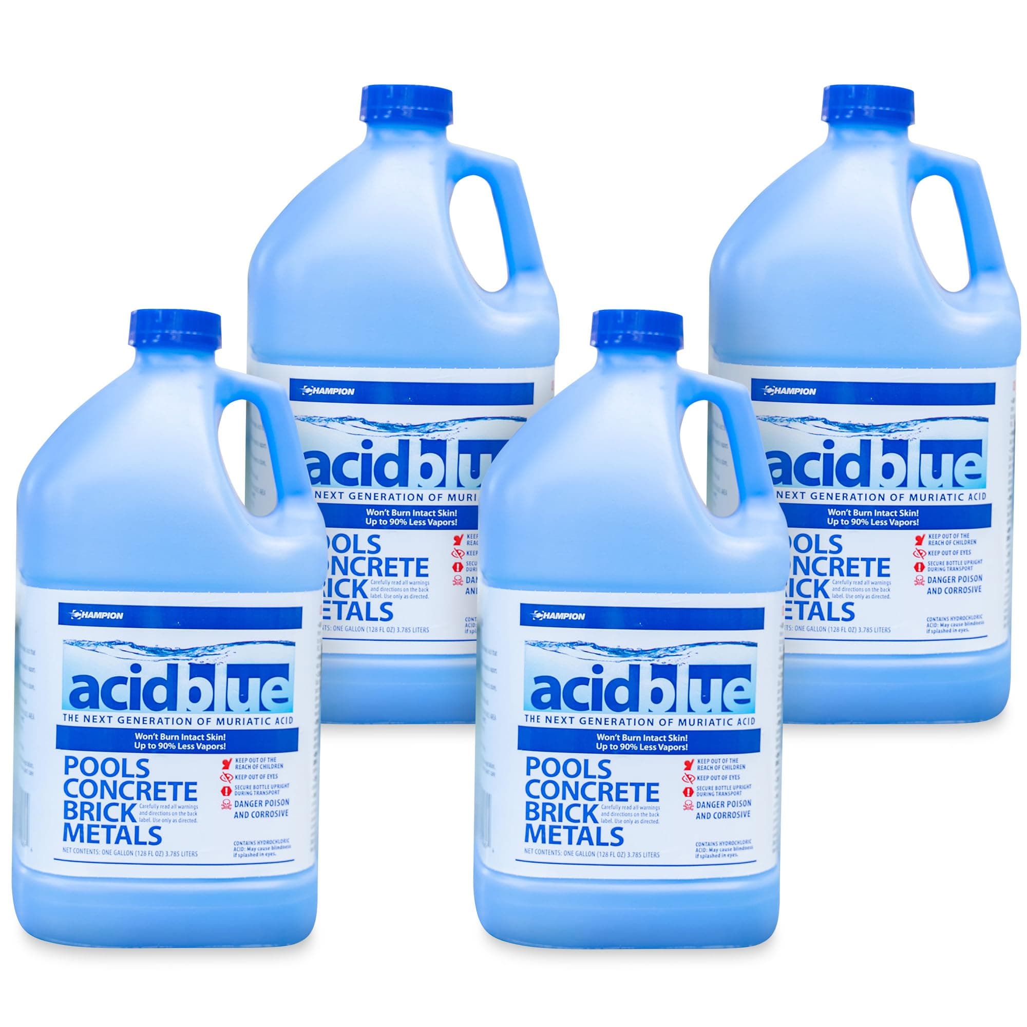 Champion 4-Pack Acidblue Muriatic Acid for Swimming Pools & Spas, 1 Gallon Each - Low-Fume pH Stabilizer & Cleaner for Concrete & Masonry Surfaces, Clears Rust & Scale Build-Up