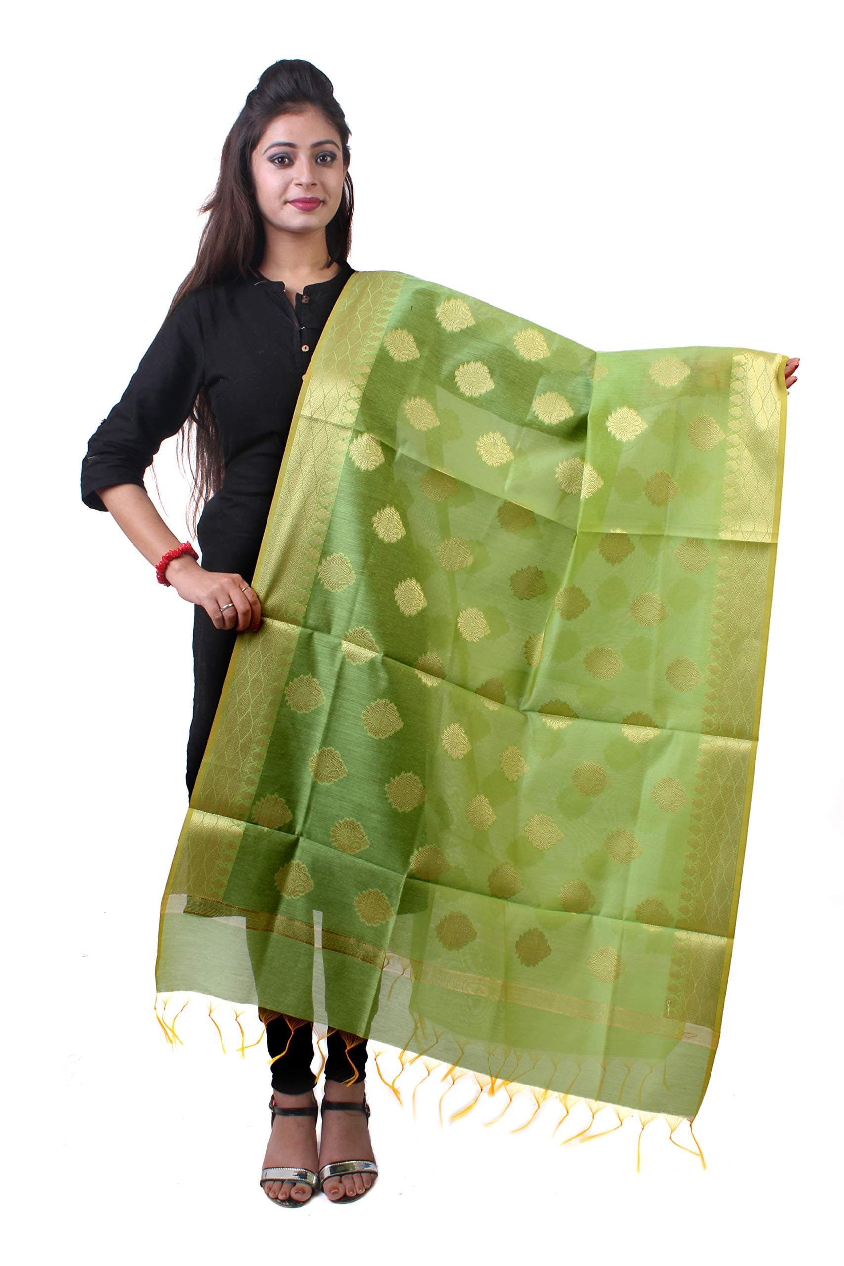 SHREEMAA CREATIONS Women's Banarasi Cotton Zari Weaved Dupatta (BMCD4,PISTA)