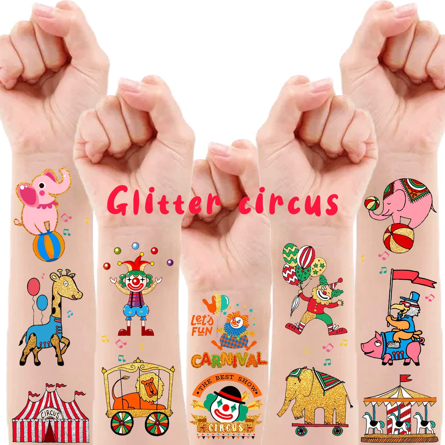 Partywind 32 Styles Circus Metallic Glitter Temporary Tattoos for Kids, Circus Theme Party Supplies Favors Decorations,Halloween Games Prize Goodie Bags (2 Sheets)