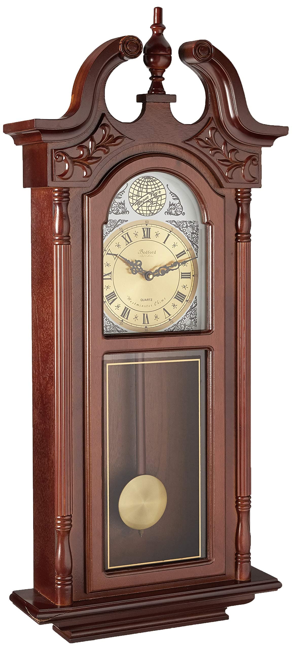 Grand Antique Chiming Wall Clock with Roman Numerals in a in a Cherry Oak Finish, 38" L
