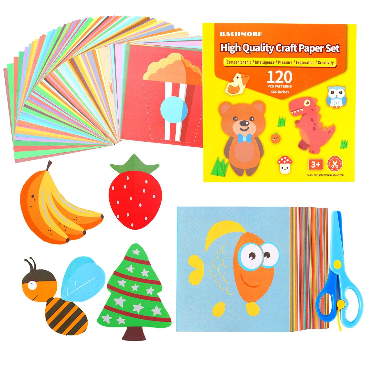 Fun Paper-Cut Set,Origami Paper Art; Scissor Skills Activity Cutting Book; Kids Scissors Crafts Kits Preschool-120 Pages with A Pair of Child-Safe Scissors Beginners Trainning and School Learning