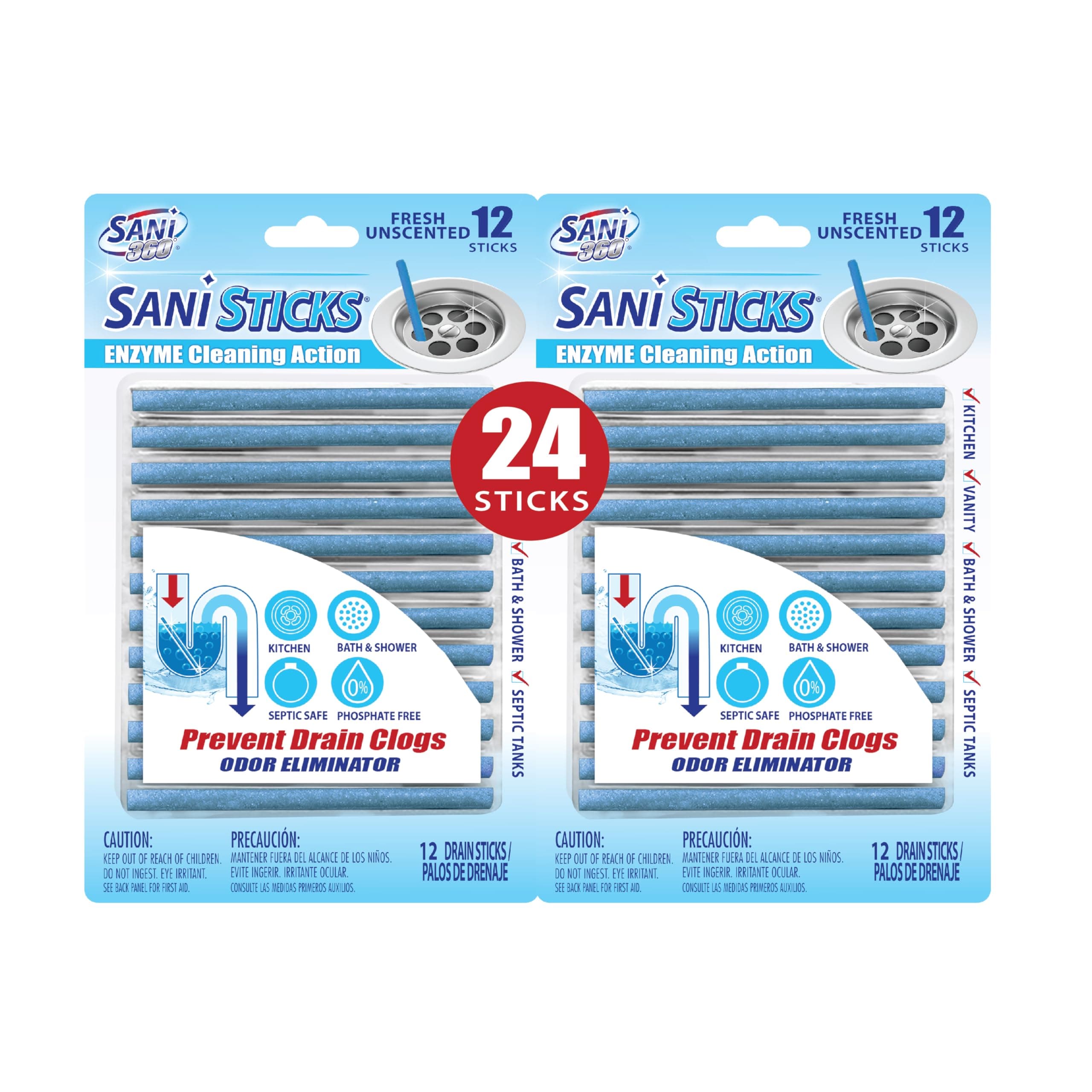 SANI 360° Sani Sticks Drain Cleaner and Deodorizer, 24 Count, Unscented Enzyme Pipe Cleaners, Eliminate Odors, Prevent Clogged Drains, Safe for Sinks, Bathtub Drains, Septic Tanks