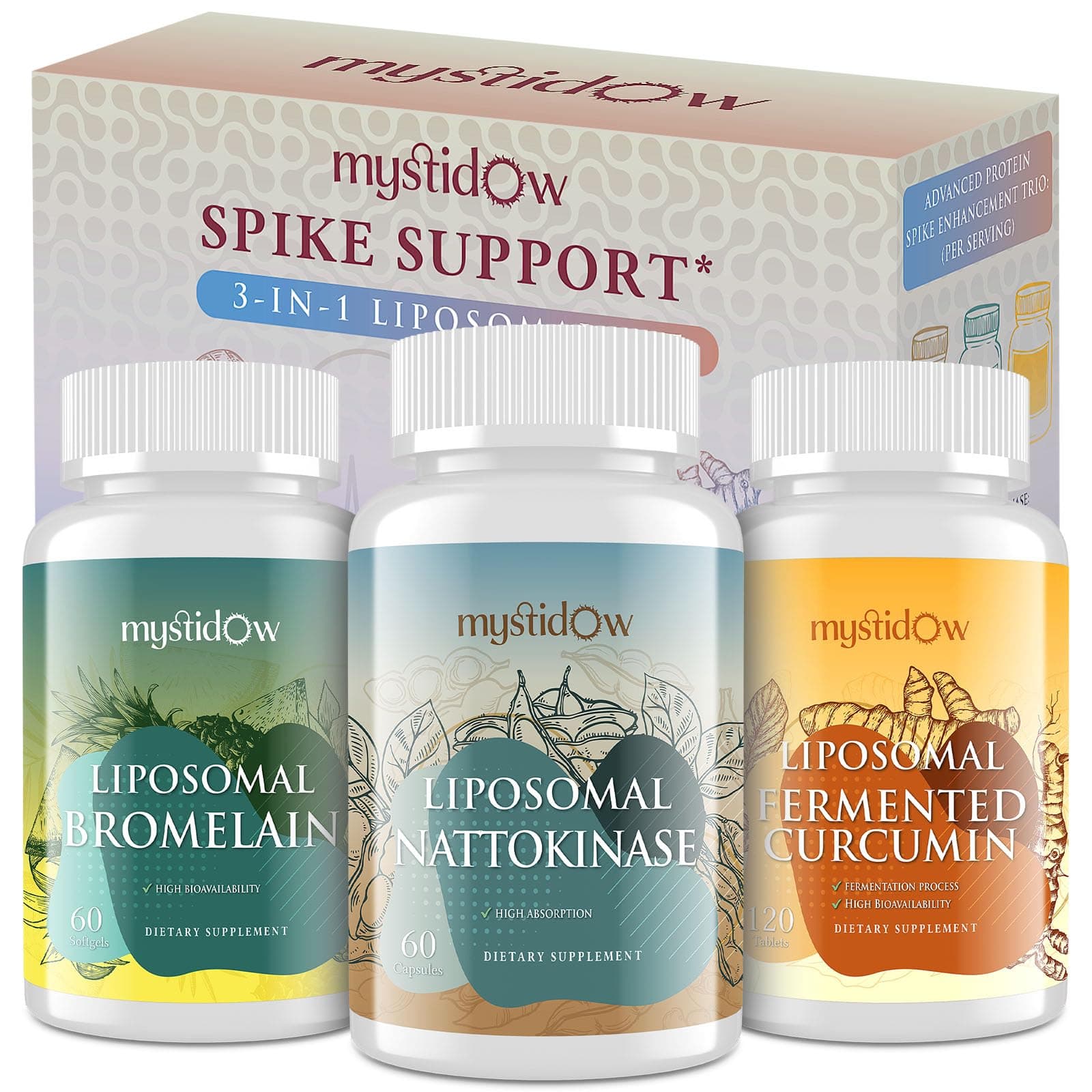 - Spike Support Trio | Liposomal Nattokinase 8000 FU 500mg, Bromelain 1150 mg & Fermented Curcumin 1800 mg | High Potency, Enhanced Absorption Formula | for Immune, Heart & Circulatory| 60 Servings