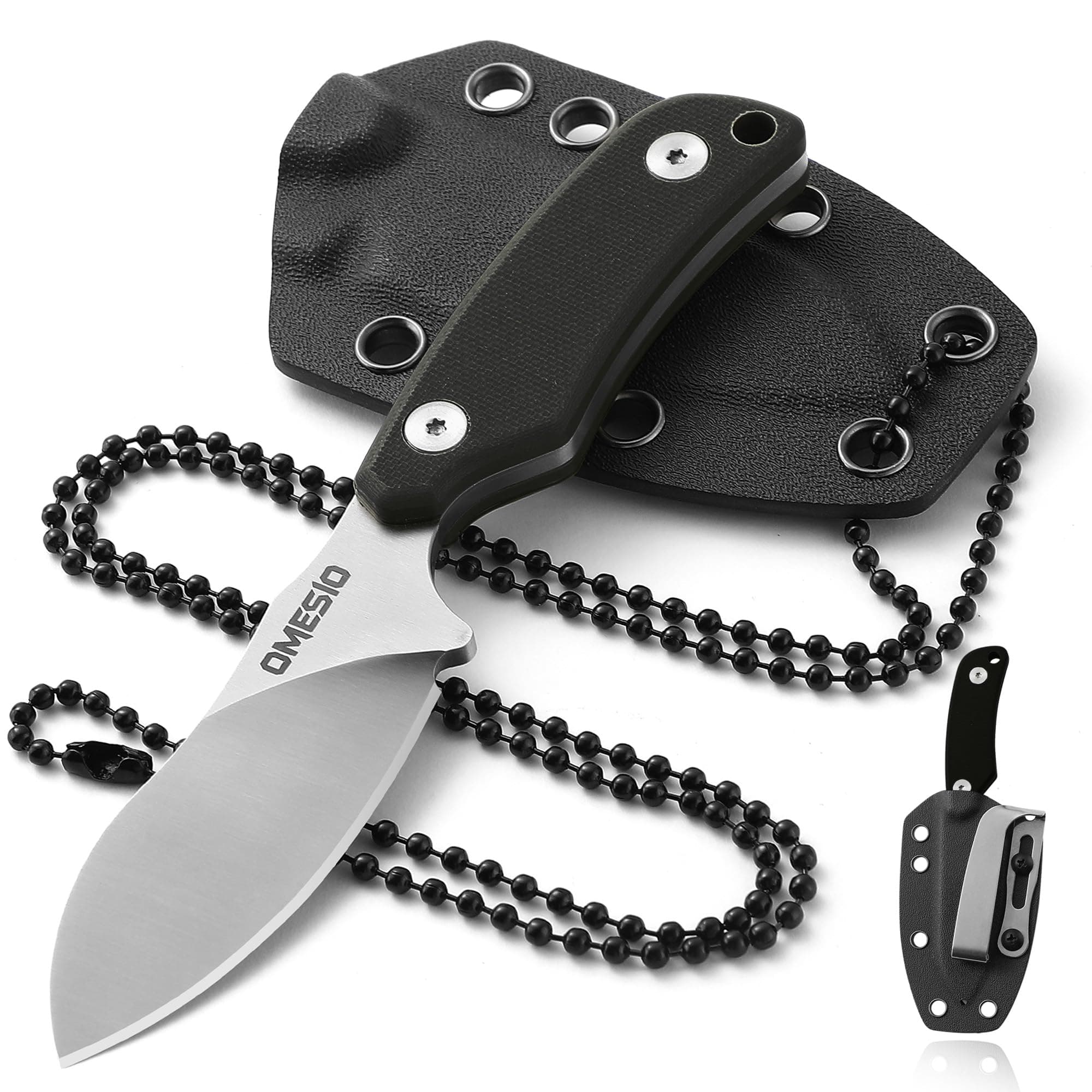 Omesio Neck Knife, 5.82" Fixed Blade Knife with Kydex Sheath and Necklance, Campact Full Tang Tactical Neck Knife with Clip, Nessmuk EDC Small Knife D2 Steel G10 Handle for Outdoor, Survival, Camping