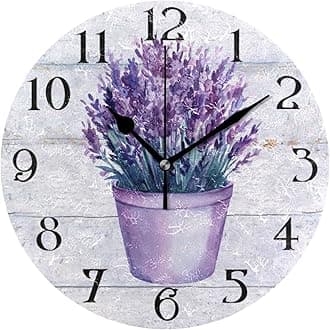 ALAZA Purple Wooden Purple Lavender Watercolor Wall Clock Silent Non Ticking Kitchen Clock 9.5 Inch Round Bathroom Clock Battery Operated Quartz Analog Decorative Desk Clock Living Room Decor