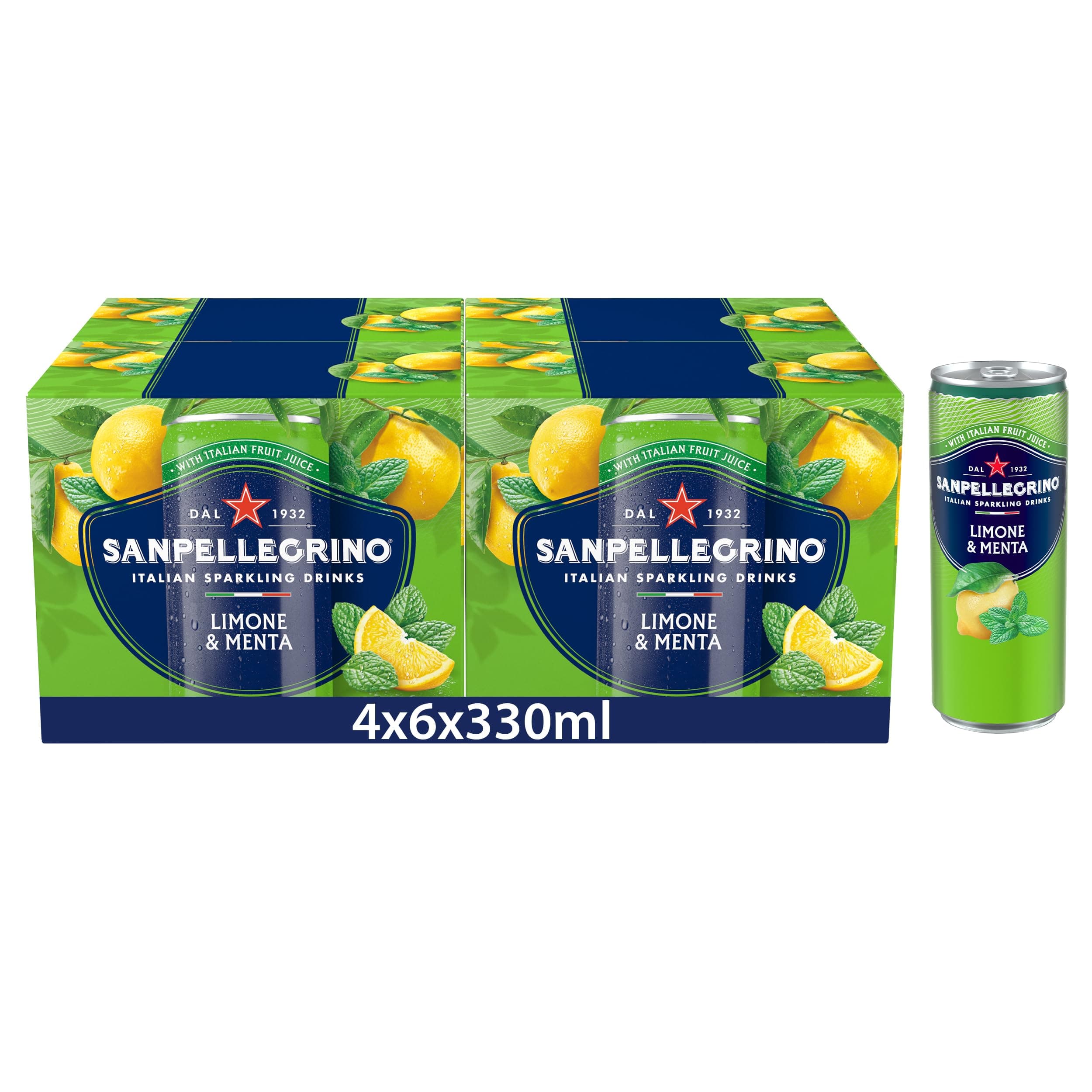 Italian Sparkling Drinks Tastefully Light Sparkling Lemon & Mint Canned Soft Drink 24 Pack (4 Pack x 6 x 330 ml) | 74 kCals per Can