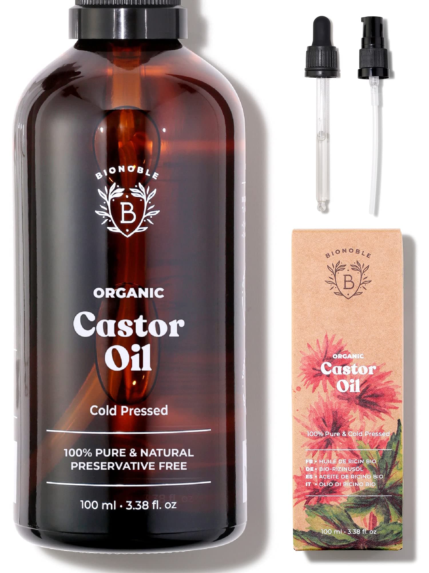 Bionoble Organic Castor Oil 100ml - 100% Pure, Natural and Cold Pressed - Lashes, Eyebrows, Body, Hair, Beard, Nails - Vegan and Cruelty Free - Glass Bottle + Pipette + Pump