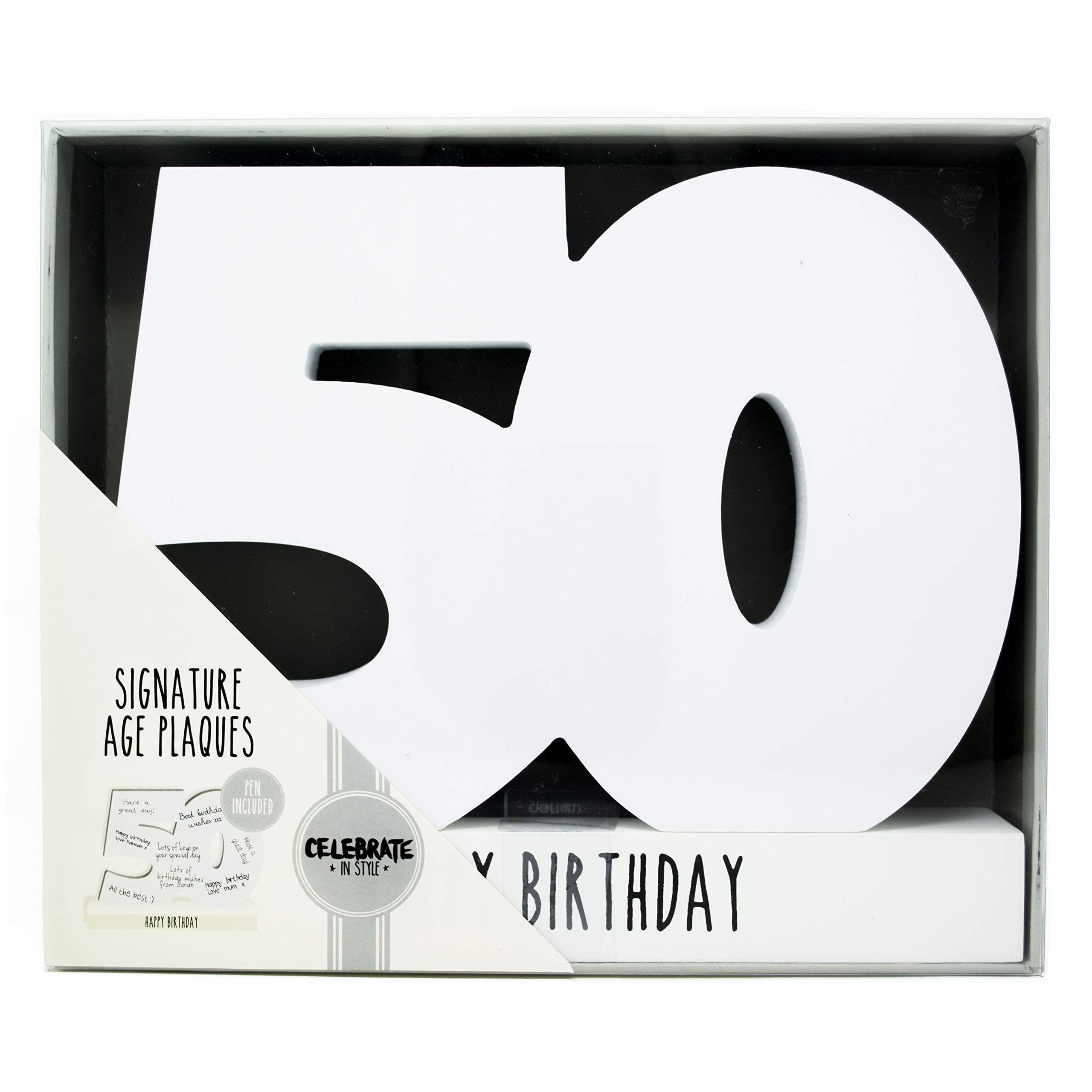 HOX Collection Celebrate in Style White Wooden 50th Birthday Signature Age Plaque with Black Marker Pen Freestanding White Wrapped Numbers to Sign Perfect Personalised Gift for Birthdays
