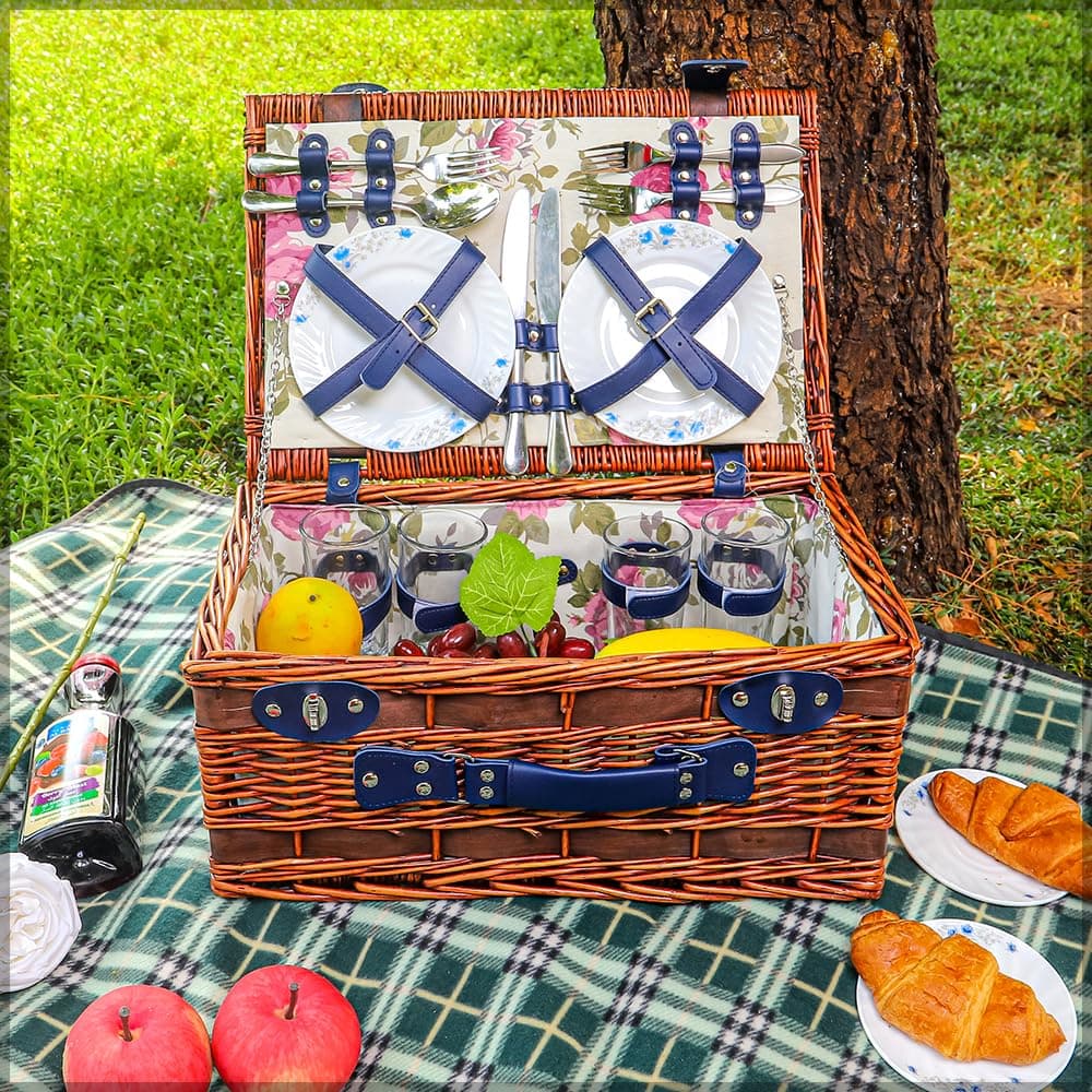 YAHOME 4 Person Hamper Basket Wicker Picnic Basket for 4, Handmade Willow Hamper Basket Picnic Backpack 4 Person Picnic Basket Hold Utensils Cutlery Perfect for Picnic, Camping Road Trip