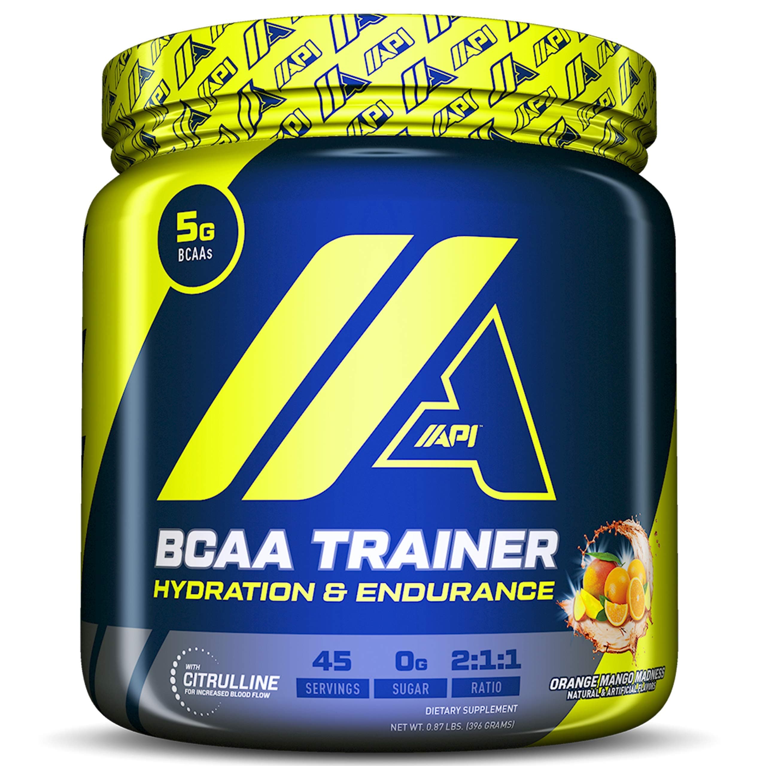 API USA BCAA Trainer 45 servings | 5.6g Super BCAAs | with Citrulline | Hydration & Endurance | High performance energy BCAAs (Orange Mango Madness)