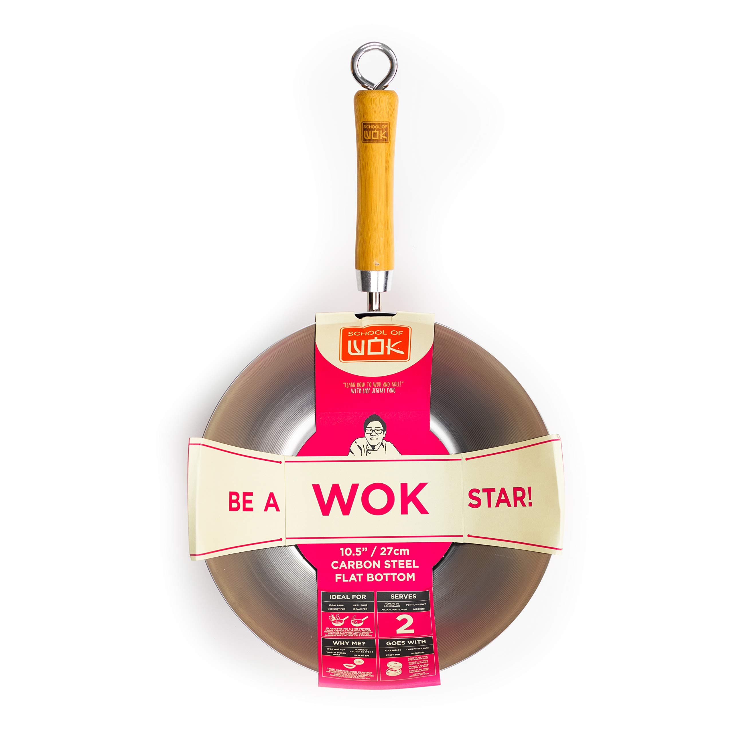 School of Wok - 10.5"/27cm Carbon Steel Wok, Flat Bottom, Bamboo Handle