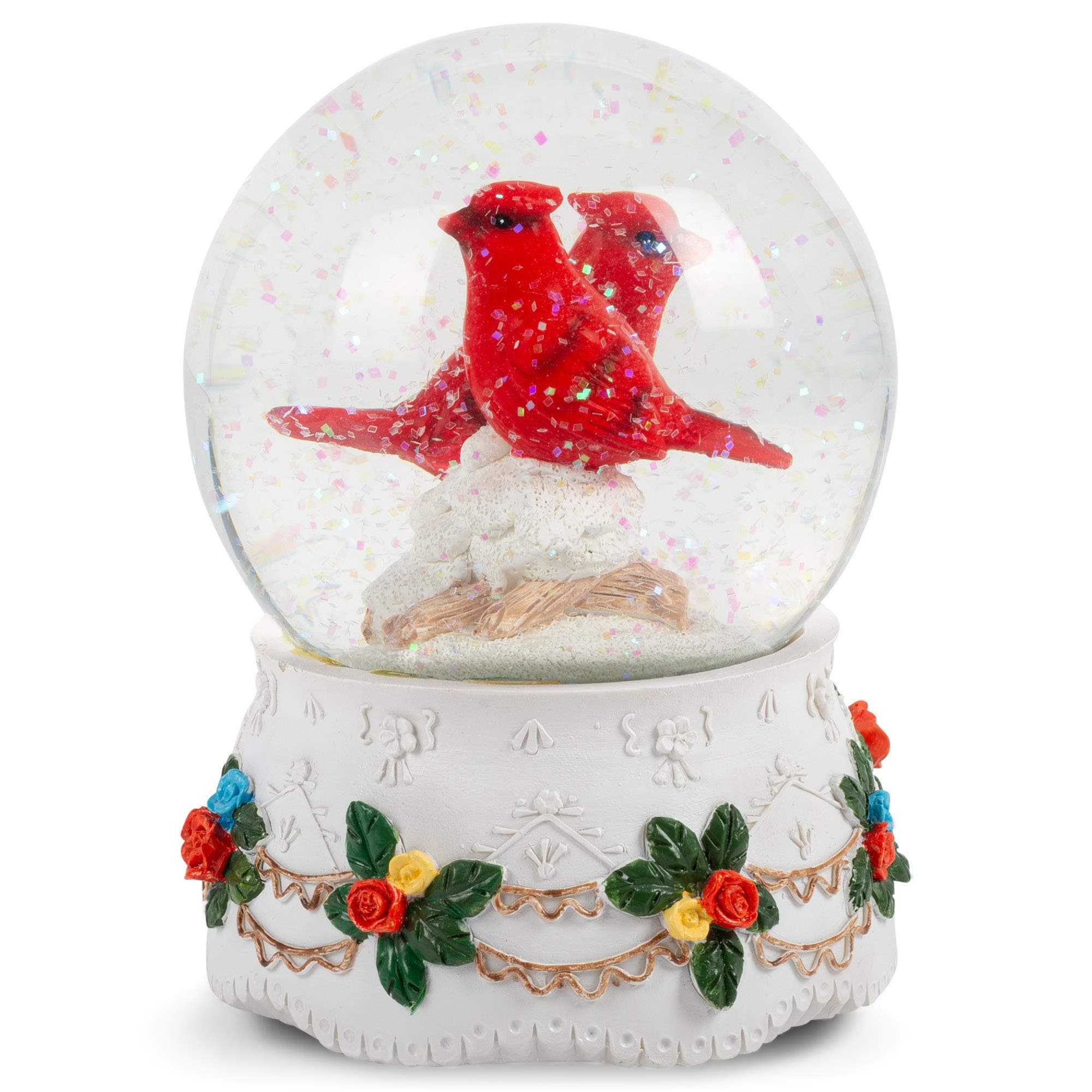 Sculptured Red Cardinal Pair Snow Globe -Love Story Water Ball Music Box 5 1/2" High