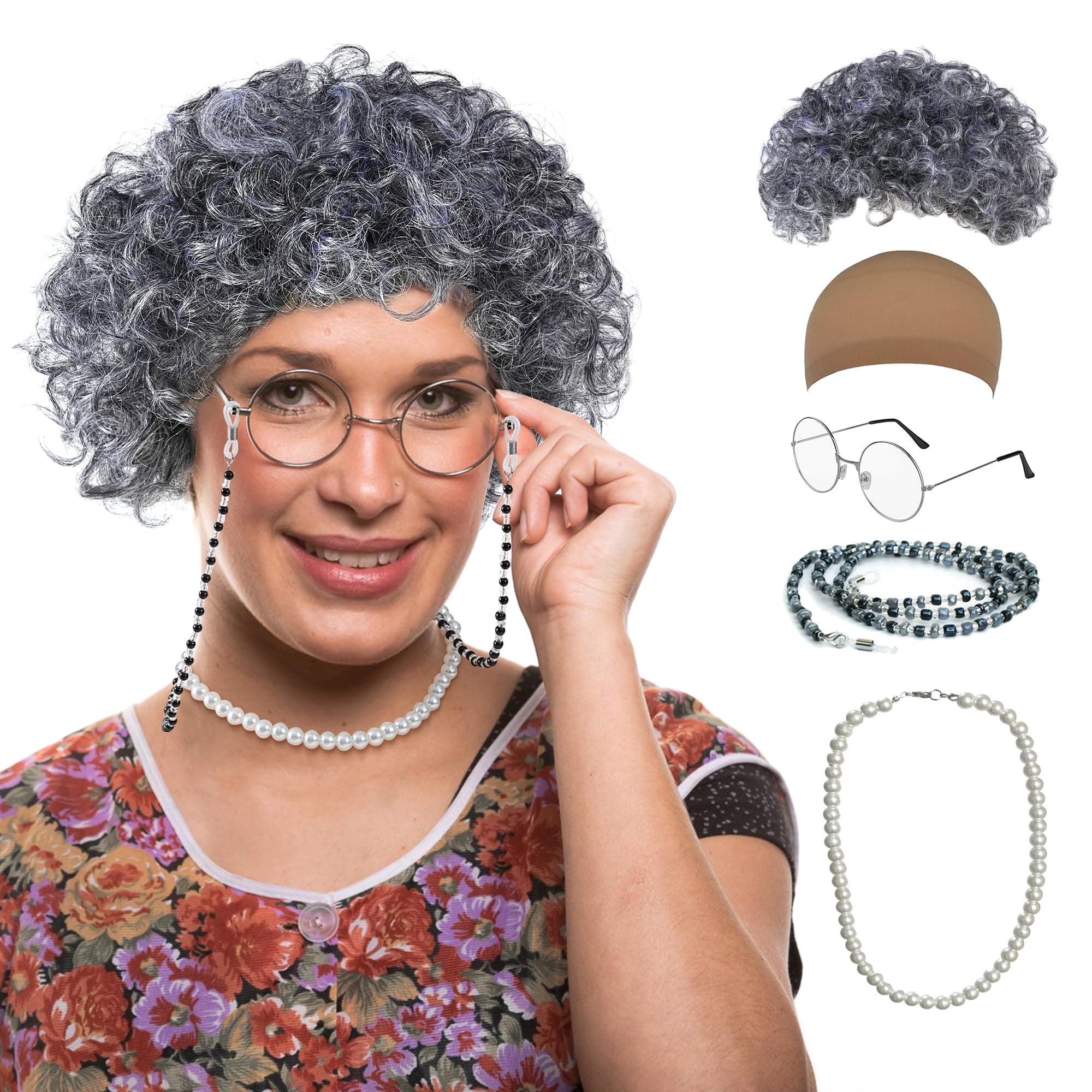 Old Lady Wig Costume Set,Gray Hair Grandma Wig,Granny Costume Set with Hair Cap,Glasses, Glasses Chain and Pearl Necklace, 5 Piece Set