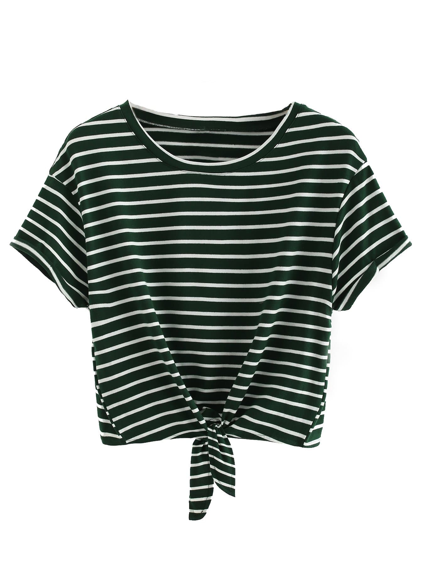Romwe Women's Knot Front Cuffed Sleeve Striped Crop Top Tee T-Shirt Green White Large(US 8-10)