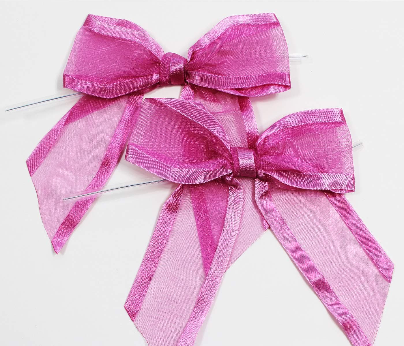 Hot Pink Pre-Tied Organza Bows with Twist Ties. Pack of 12 Satin-Edged Fabric Bows Made of 1-1/2" Ribbon. Bow Measures 4" Wide