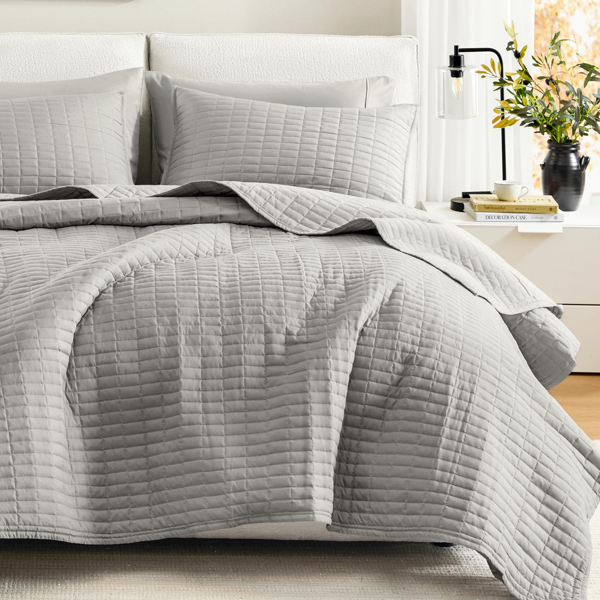 Comfort Spaces - CS14-0060 Kienna Quilt Coverlet Bedspread Ultra Soft Hypoallergenic All Season Lightweight Filling Stitched Bedding Set, King 104"x90", Gray 2 Piece