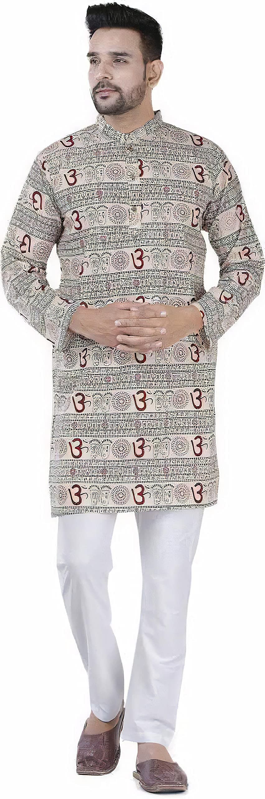RKC Men's Om Printed Cotton Festive and Casual Long Kurta_White_XXL