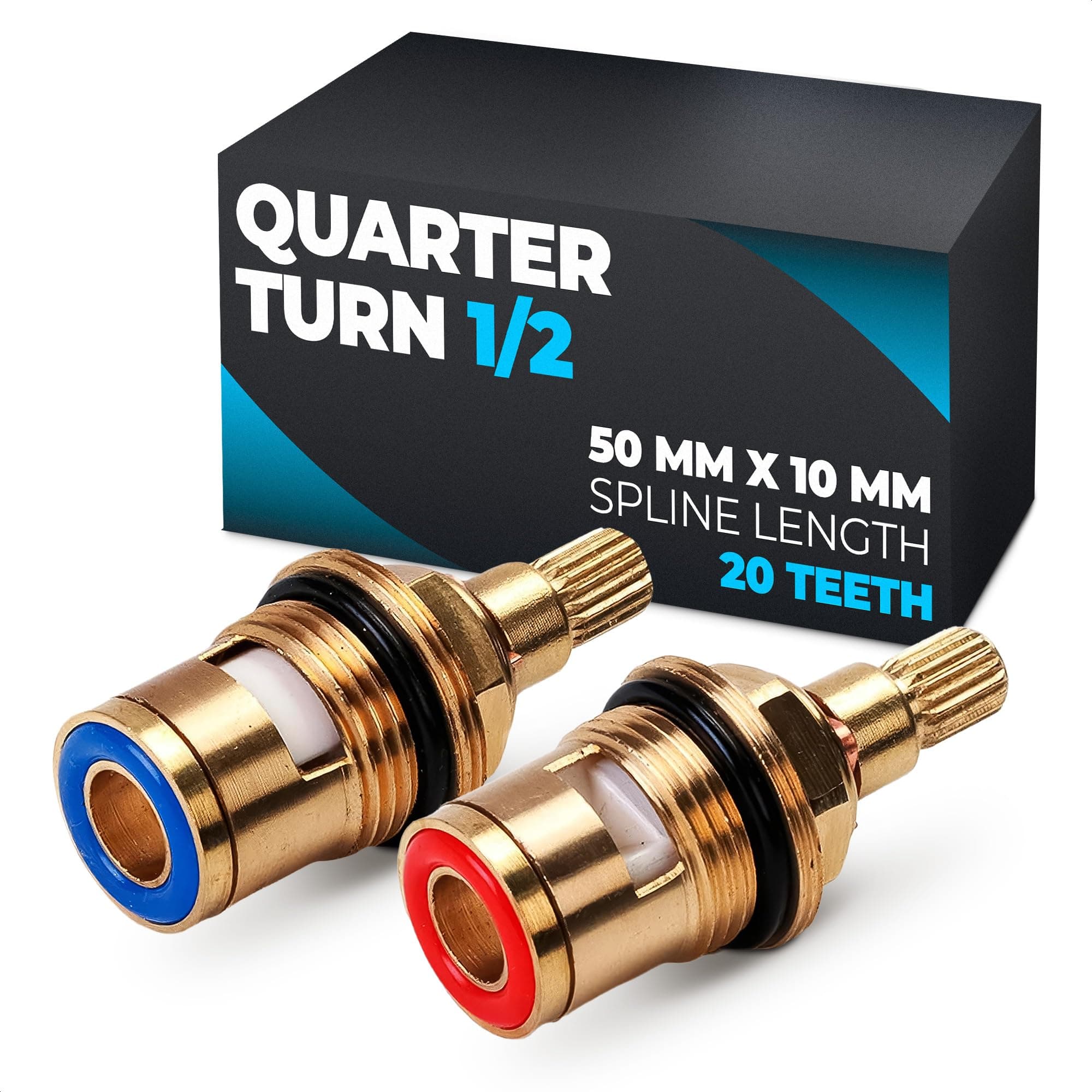 2 Pcs Brass Bathroom Sink Faucet Valve Stem – Hot and Cold Water, 1/2" Thread, Quarter Turn, 1.97" x 0.39" (50mm x 10mm), 20-Teeth Spline – Bathroom Faucet Cartridge Replacement for Repair or Upgrade