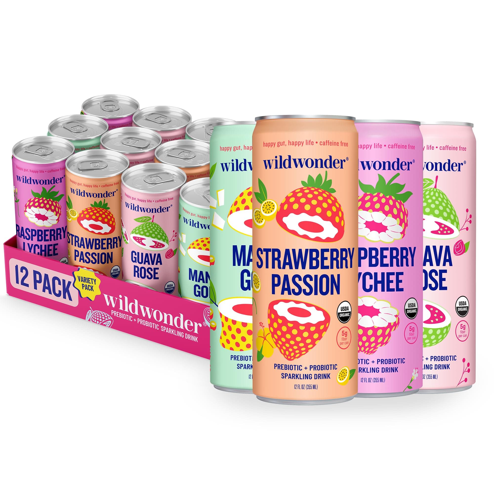 - wildwonder Sparkling Probiotic Drink 12pk, For Gut Health & Immune Support, Classic Variety Pack, 5g Prebiotic Fiber, Live Probiotics, Organic, Vegan, Low Sugar, 12 Pack, 12oz Can, Seen on Shark Tank