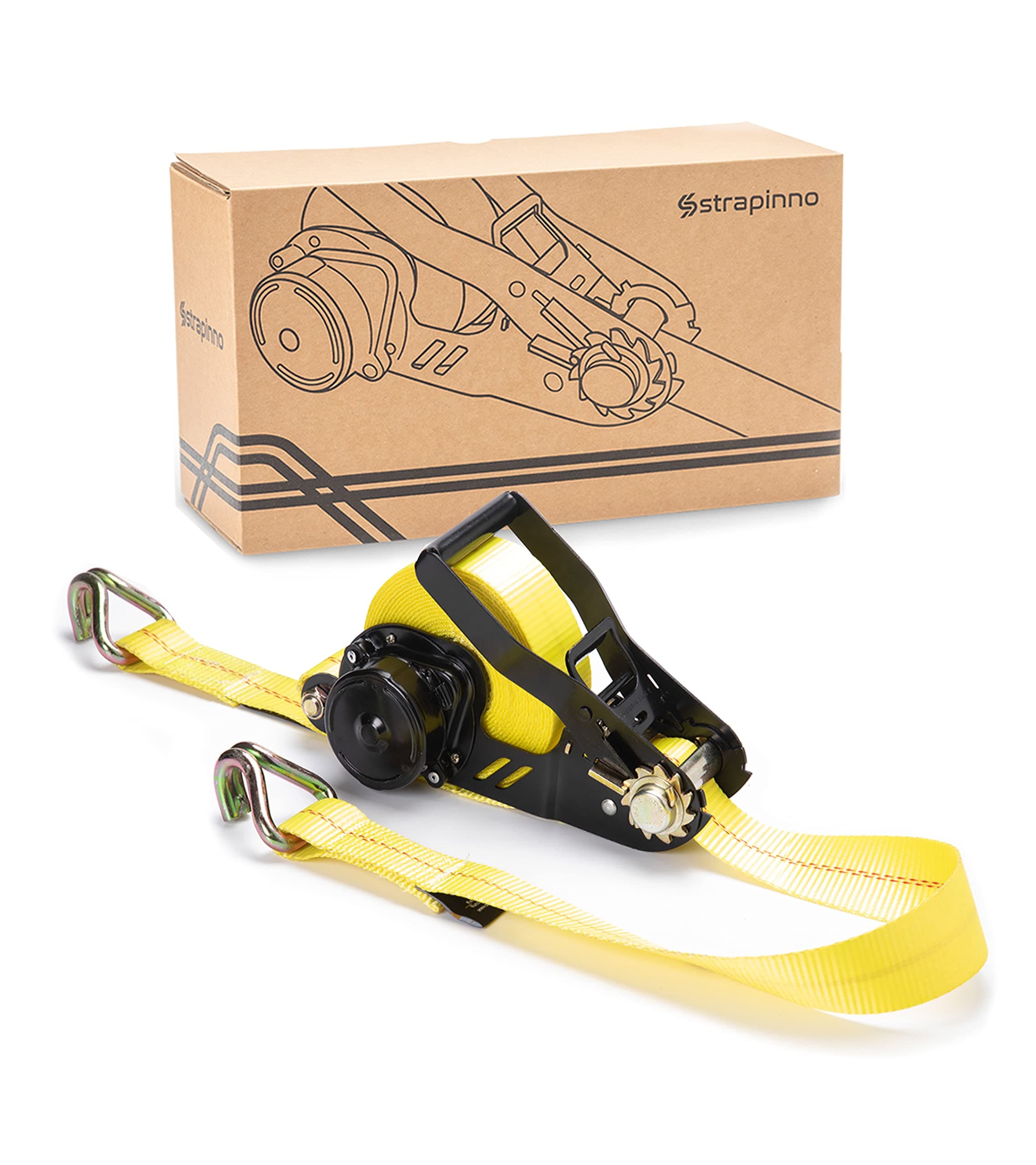 StrapinnoRetractable Ratchet Tie-Down Strap - 2 in x 27 ft Heavy-Duty Strap with Double J Hooks, Tangle-Free Webbing, 10,000lbs Breaking Strength, and 3,333lbs Working Load Limit