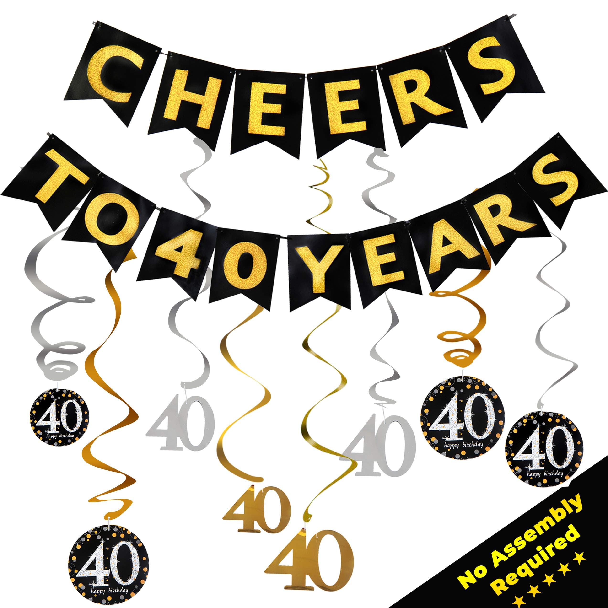 40th Birthday Decorations for Men & Women | 40th Anniversary Decorations - Our Party Supplies Come with a Cheers to 40 Years Banner & tons of Lovely Gold, Silver and Black Hanging Swirls