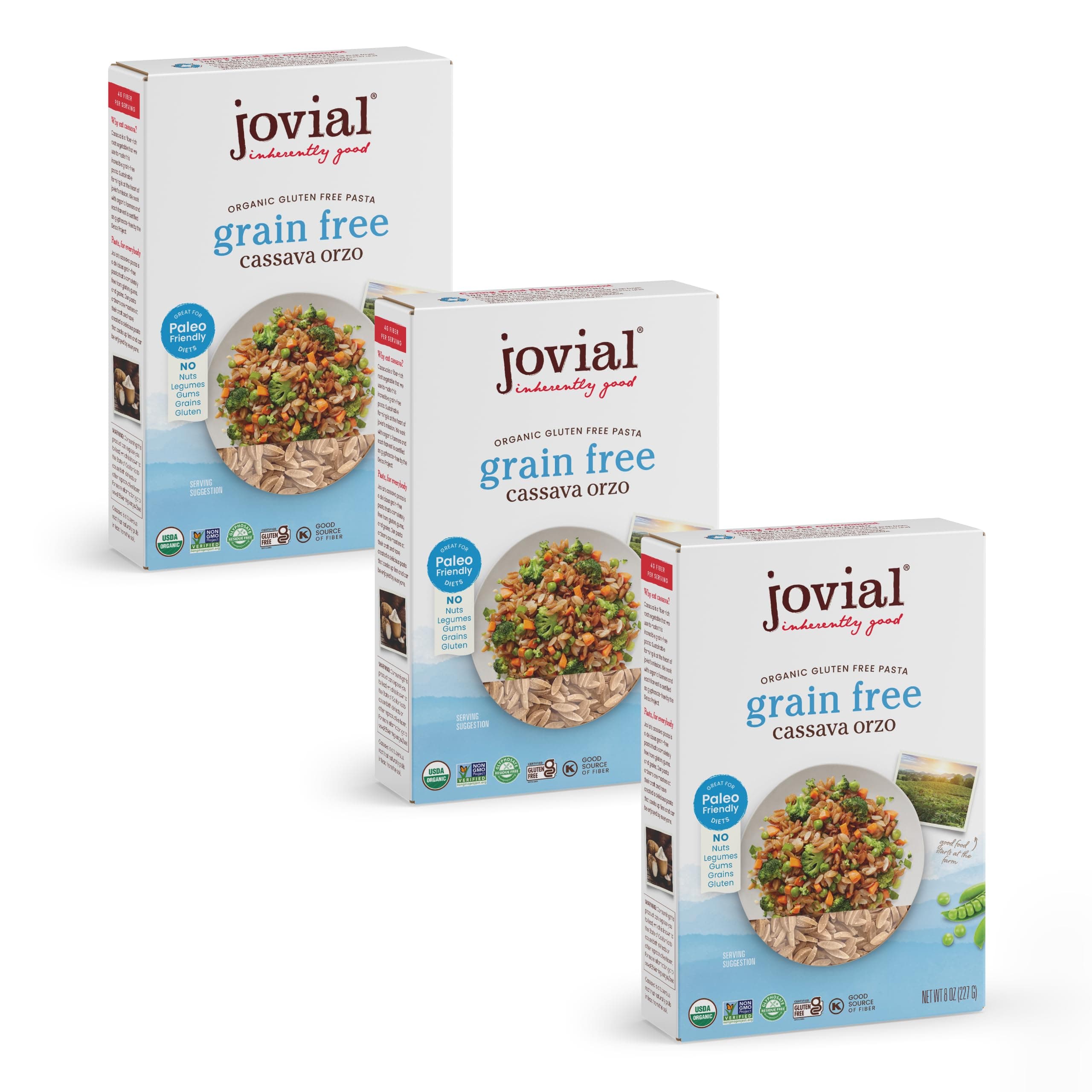 Jovial Grain-Free Cassava Orzo - Gluten Free Orzo Pasta, Cassava Pasta, Paleo Pasta, Grain-Free, 100% Organic Pasta, USDA Certified Organic, Non-GMO, High-Fiber - 8 Oz, 3 Pack