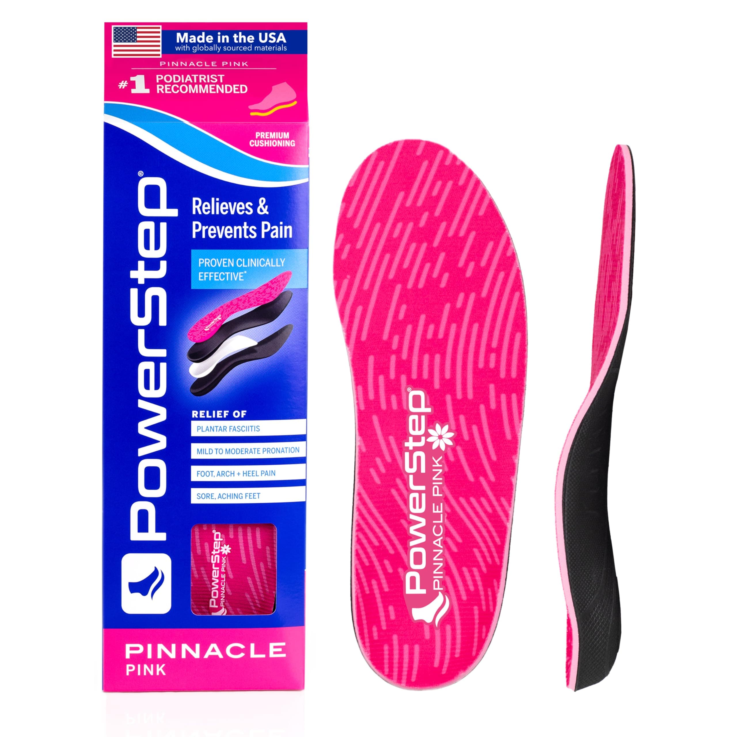PowerStep Pinnacle Pink Orthotics for Women, Arch Support Inserts, Plantar Fasciitis Relief, Made in USA, Shoe Inserts, Maximum Cushioning, Deep Heel Cup for Pronation