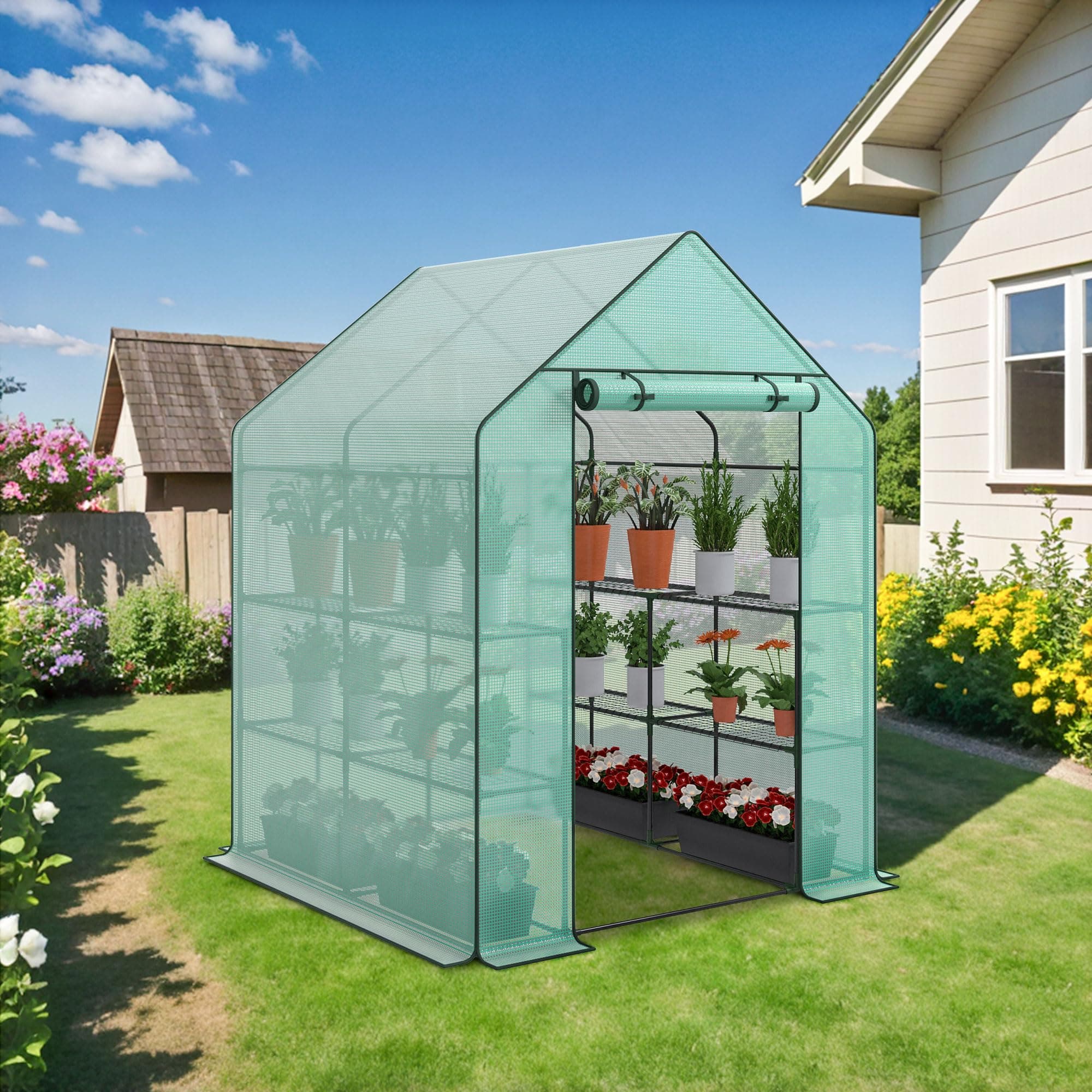 2 Tiers 8 Shelves Walk-in Green House, Portable Greenhouse w/Durable PE Cover, Roll Up Zipper Door, Steel Frame Greenhouse w/ Ground Pegs, Ropes for Garden, Patio, Backyard