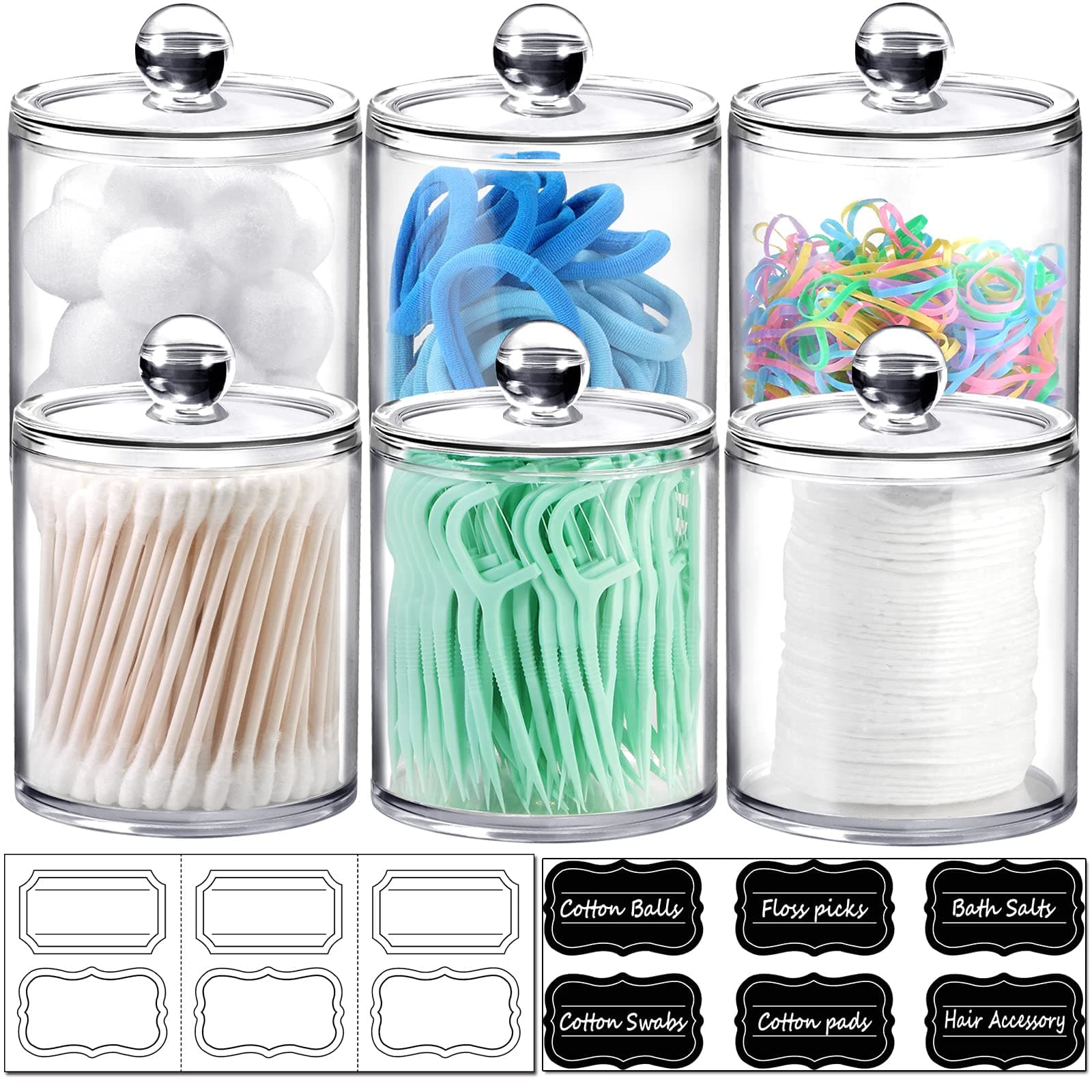 SheeChung 6-Pack Clear Acrylic Apothecary Jars with Labels - (3) 10oz & (3) 12oz Qtip Holder Set - Shatterproof Bathroom Vanity Organizer for Cotton Swabs, Balls, Pads - Minimalist Decor