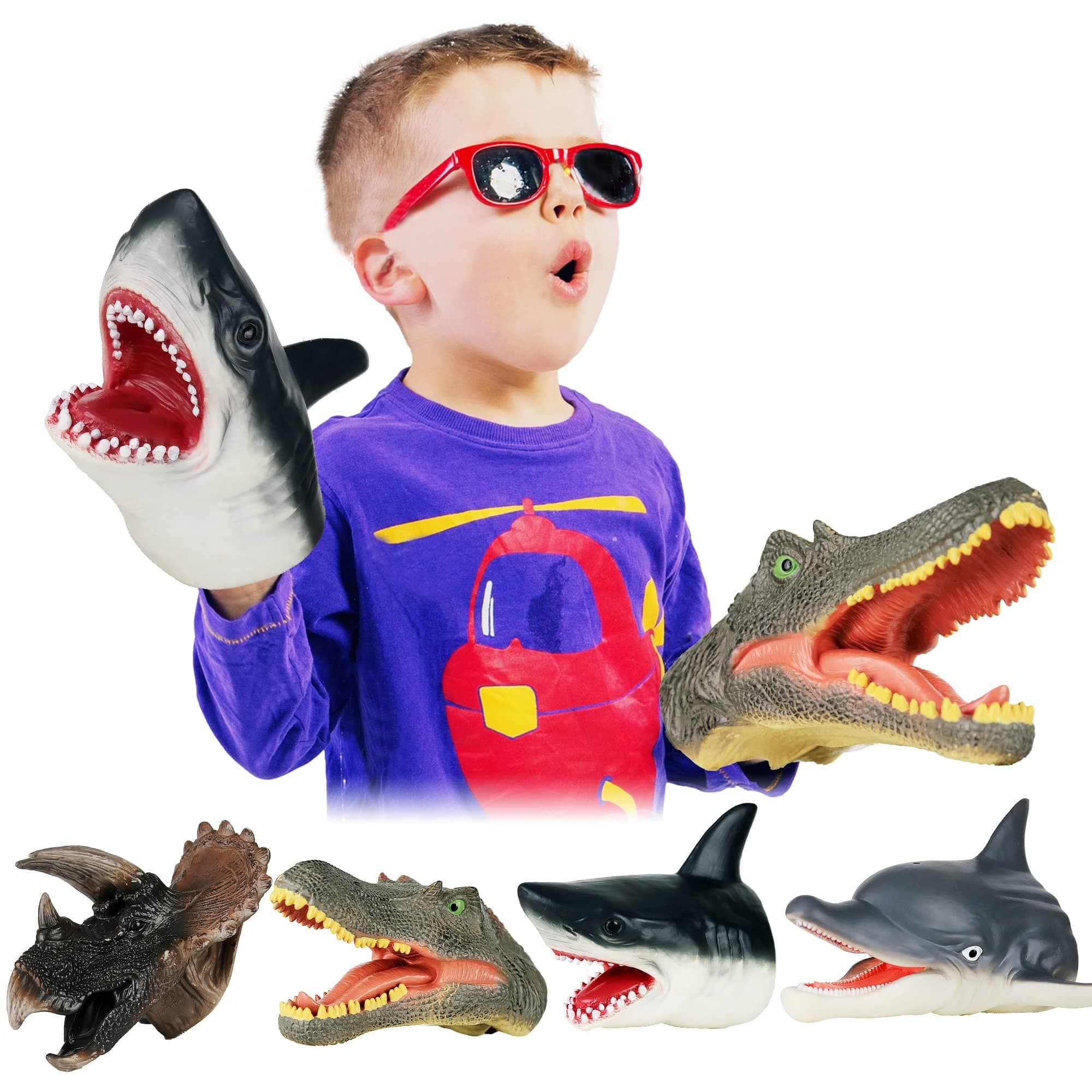Dinosaur & Shark Toys Puppets Hand Puppet Set Role Play Rubber Soft Touch Realistic for Kids and Adults (4 Pack)