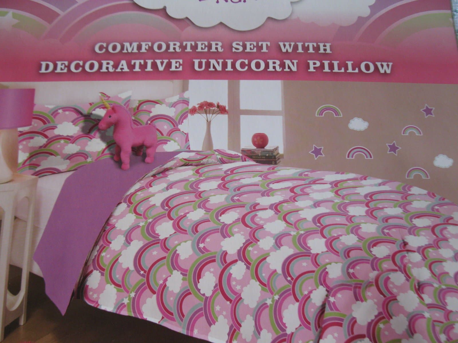 Rainbow Dreams Twin Comforter Set with Decorative Unicorn Pillow & Wall Decals