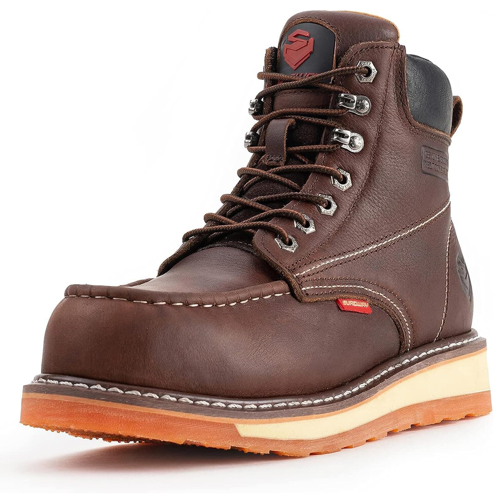 SUREWAYMens Heavy Duty Soft/Composite/Steel Toe Work Boots for Men-Comfortable,Goodyear Welt,Full Grain Leather,6 in Wedge Moc Toe Construction Boots/Shoes, Brown, 12