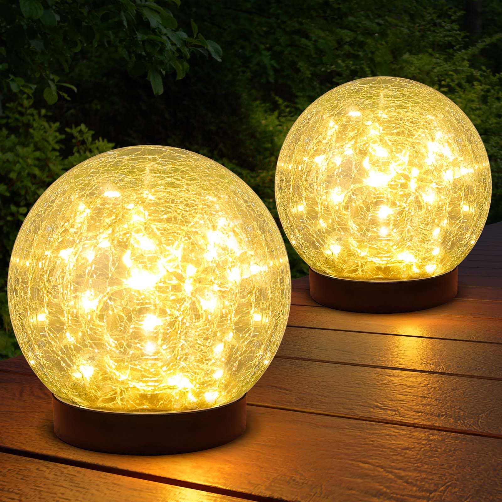 2-Pack Garden Solar Lights Outdoor, Cracked Glass Ball Light Waterproof, Decorative Solar Globe Lights Warm White for Yard Pathway Patio Lawn